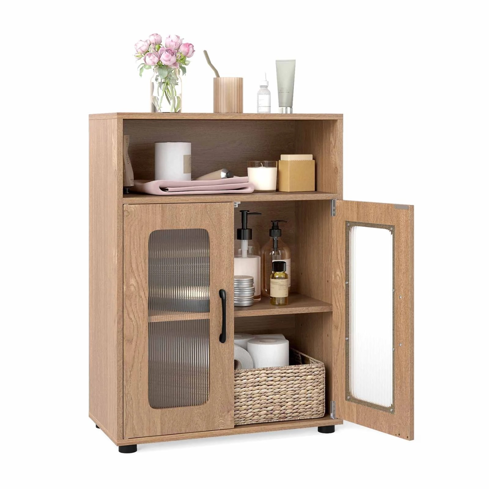 5 Costway 83cm Bathroom Storage Cabinet w/2 See-through Doors Freestanding Organizer Unit, 5 of 5