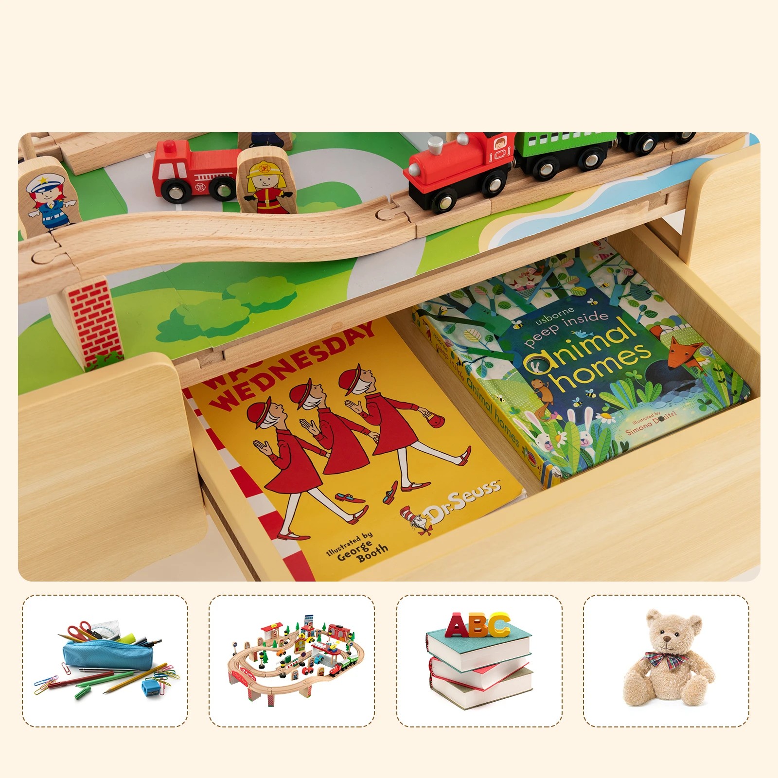 4 Costway 84Pcs Wood Train Set Table Model Train Track Set, 4 of 6