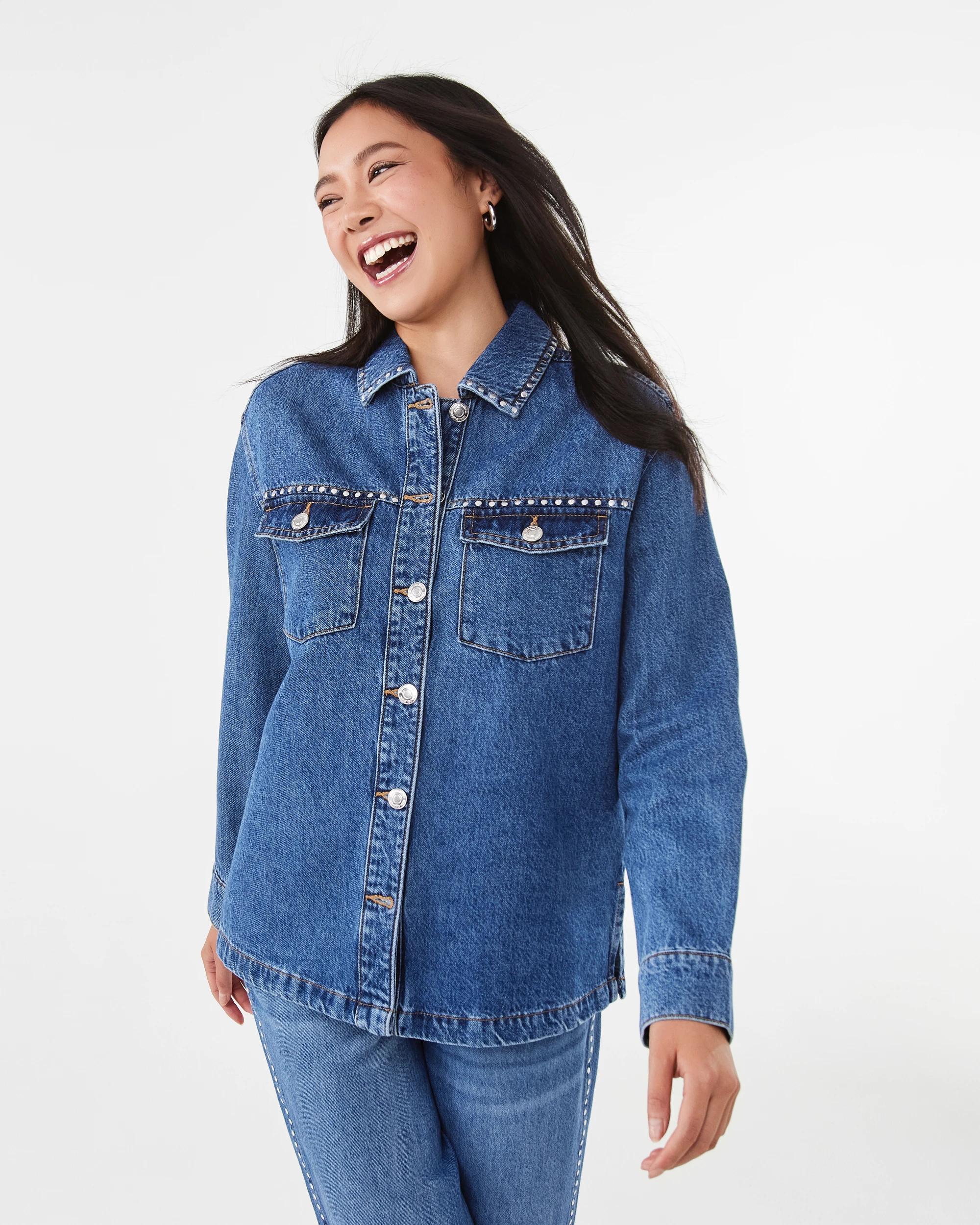 1 Long Sleeve Studded Denim Shirt Mid Wash, 1 of 9