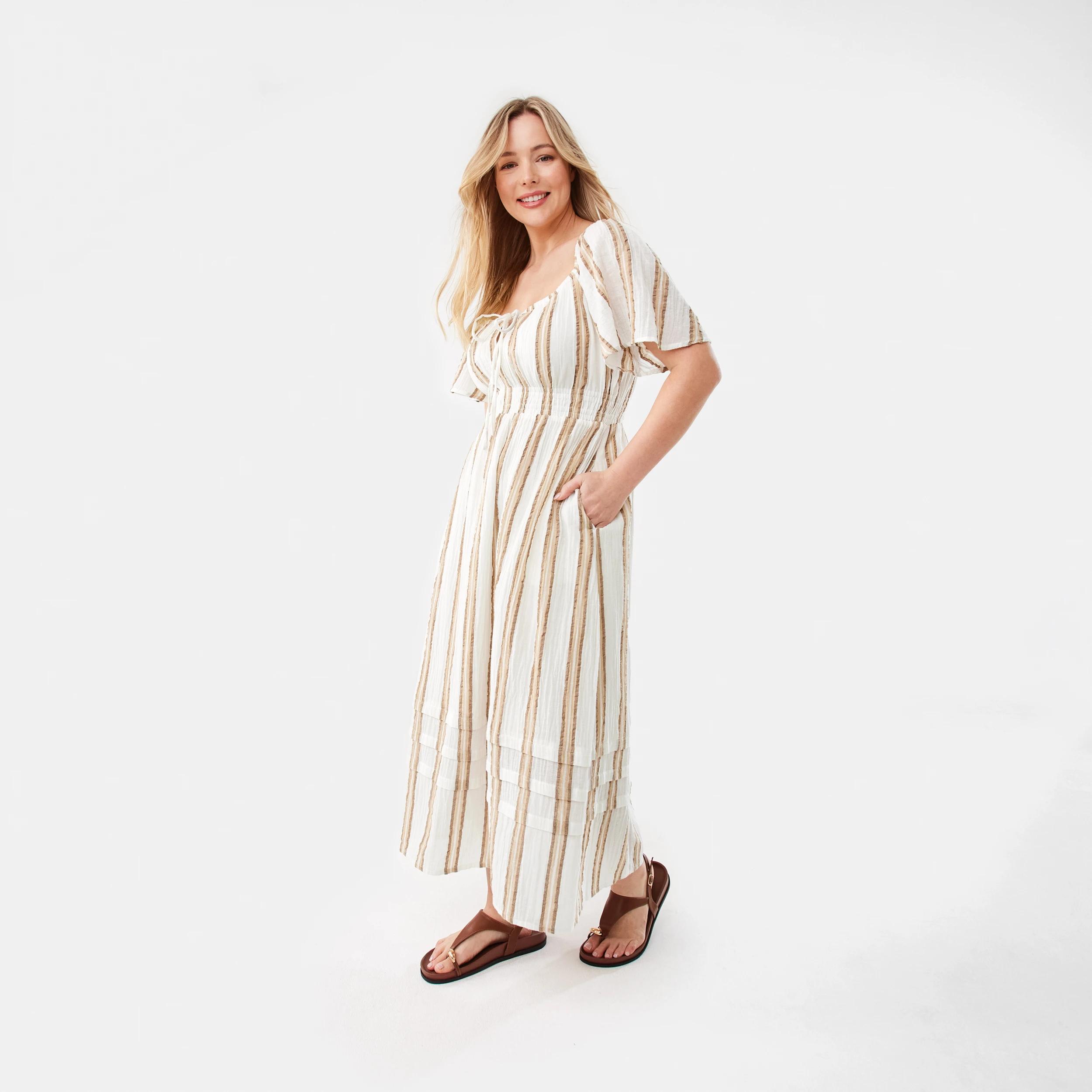 2 Short Sleeve Tie Front Midi Dress Beige Strp, 2 of 10