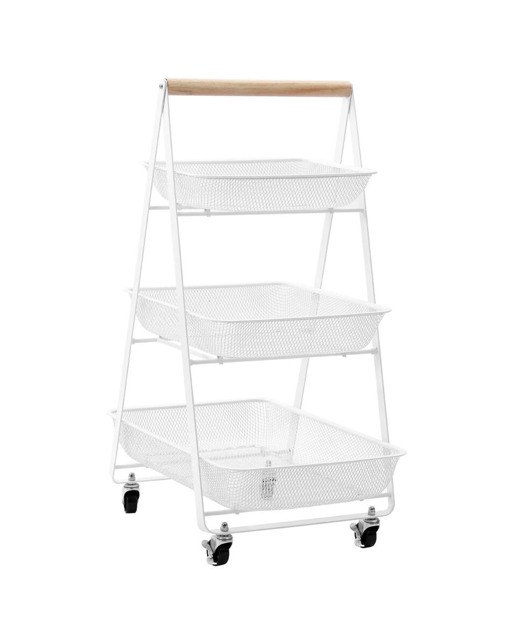 2 Boxsweden 3 Tier Mesh Storage Trolley With Wheels And Wooden Handle - 85cm
 - White, 2 of 5