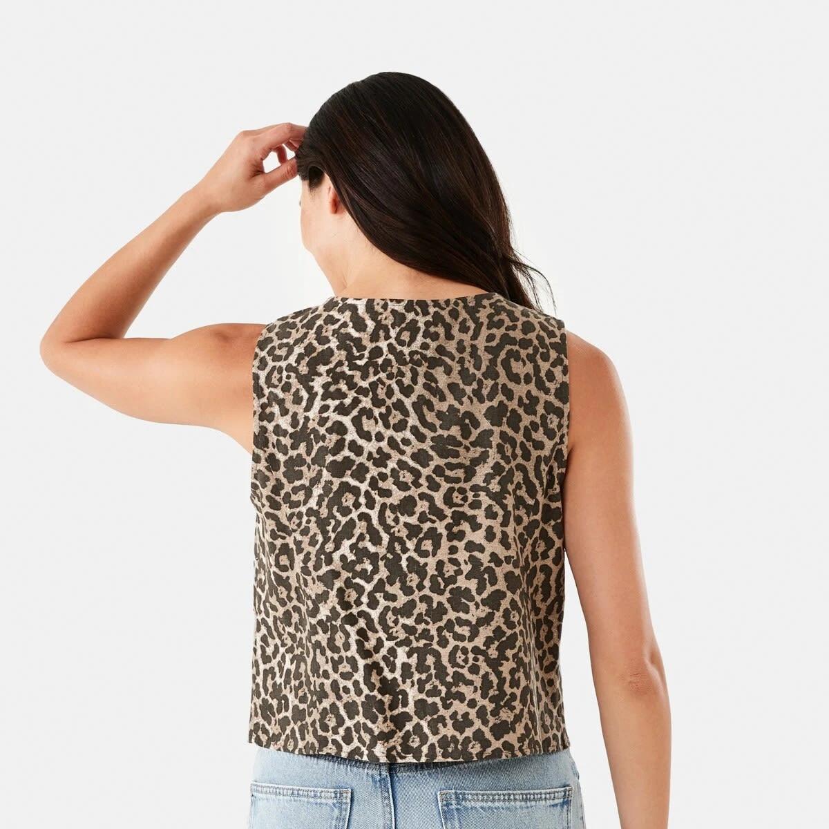 3 Sleeveless Linen Blend Tie Front Top Leopard, 3 of 6