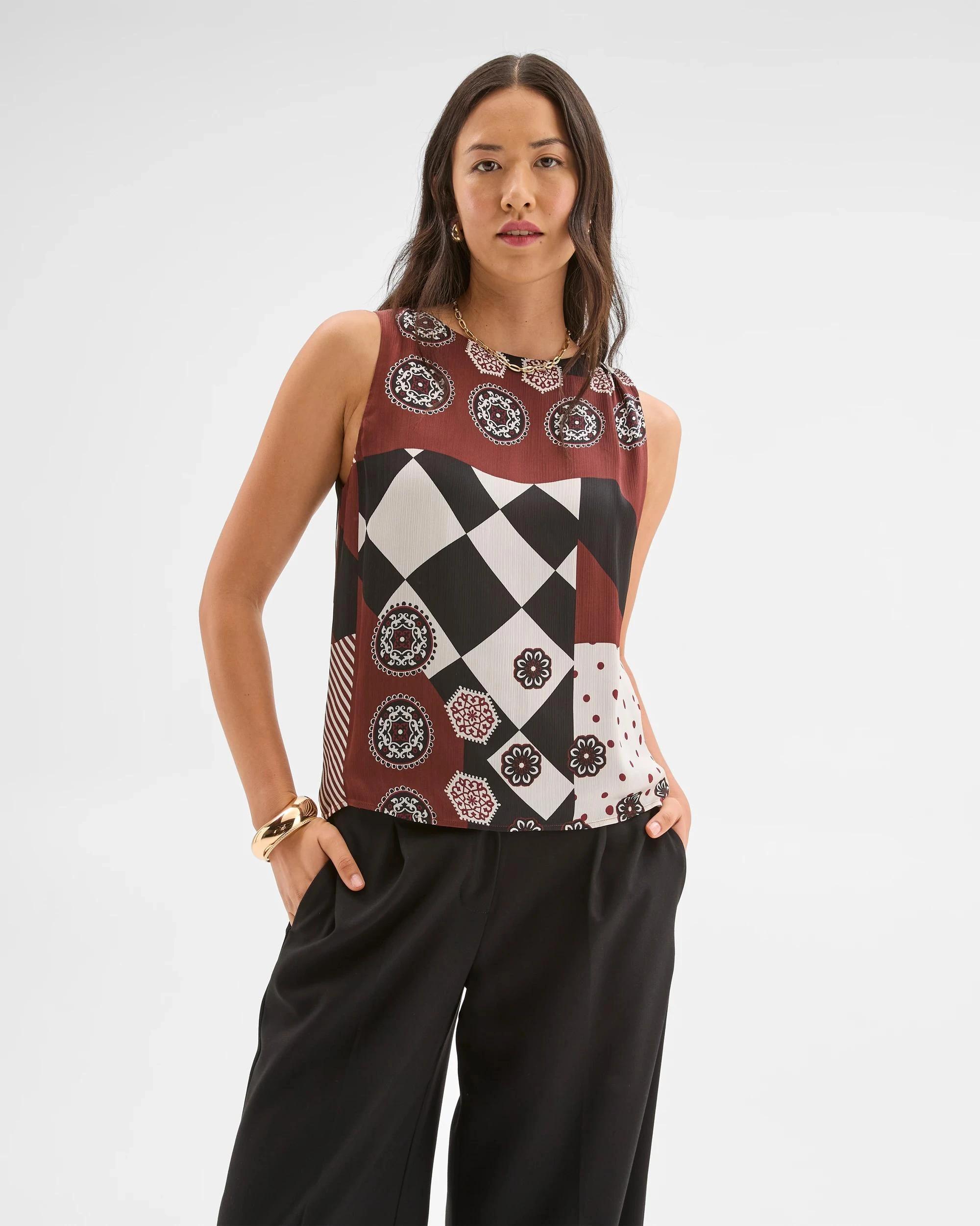 5 Preview Sleeveless Shoulder Pleat Detail Blouse SPLICED PRINT, 5 of 9