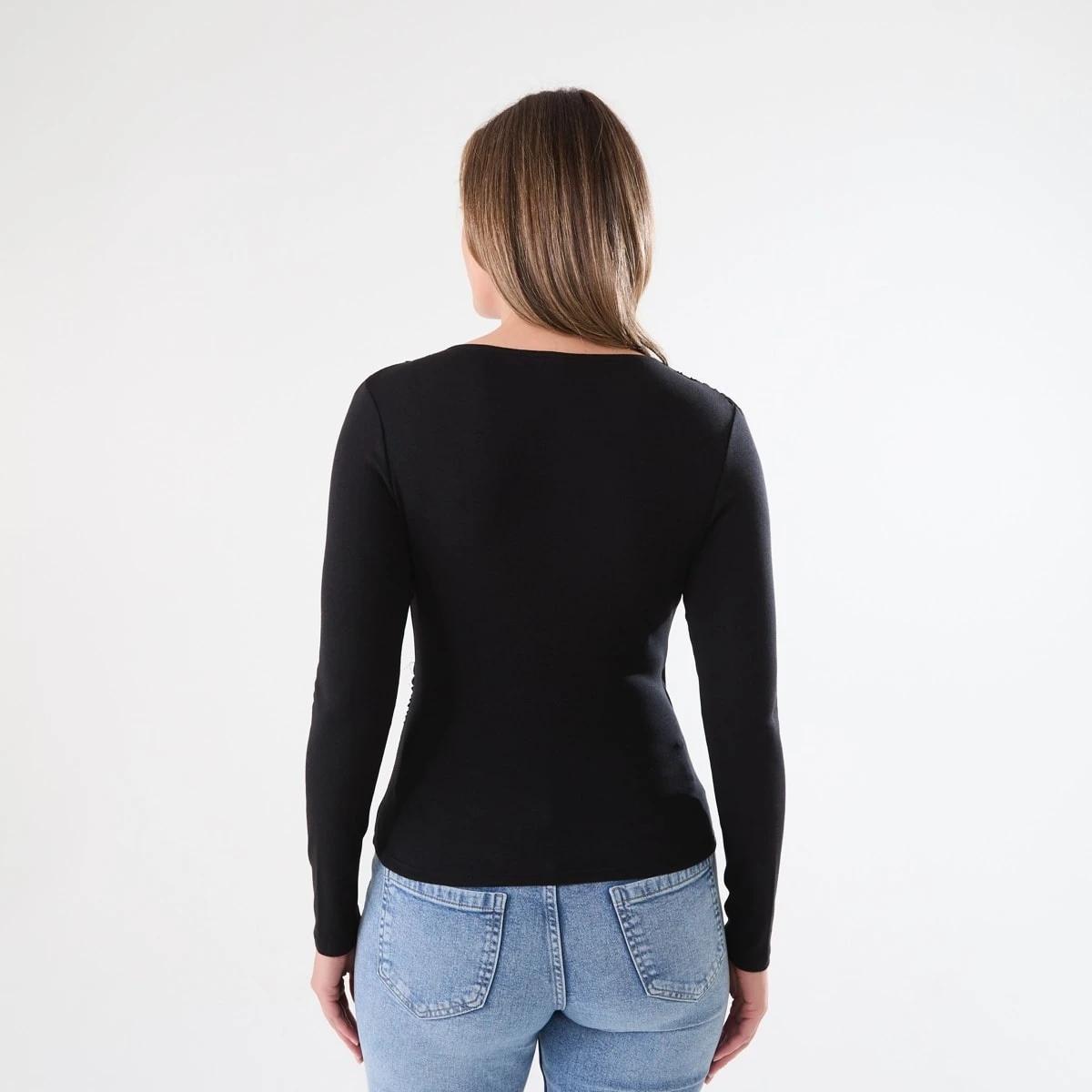 3 Long Sleeve Ruched Wrap Top Black, 3 of 5