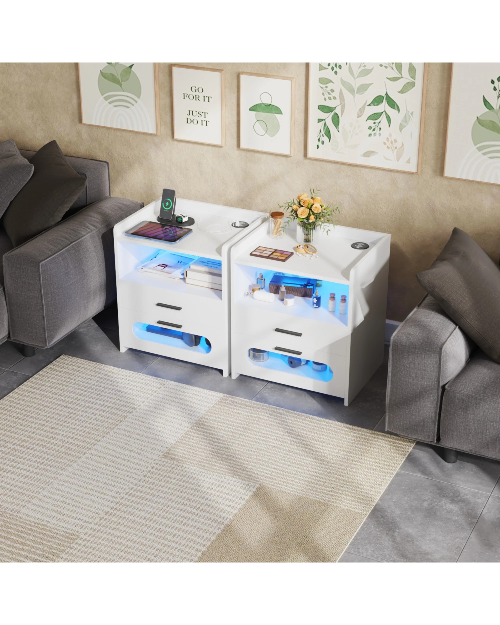 2 Advwin Set of 2 Bedside Table Wireless Charging Station Led Lights 2 Drawers - White, 2 of 7