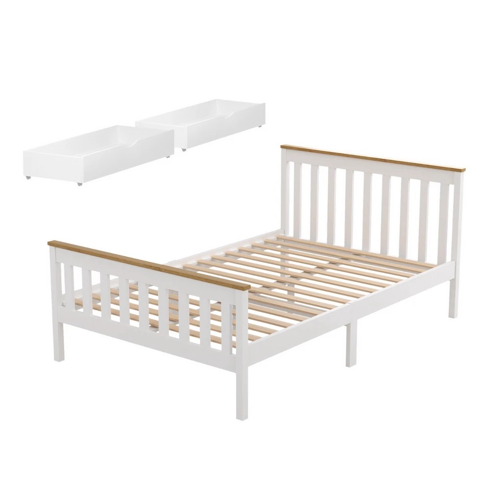 1 Artiss Bed Frame Double Size Wooden Platform with 2 Storage Drawers - White, 1 of 8