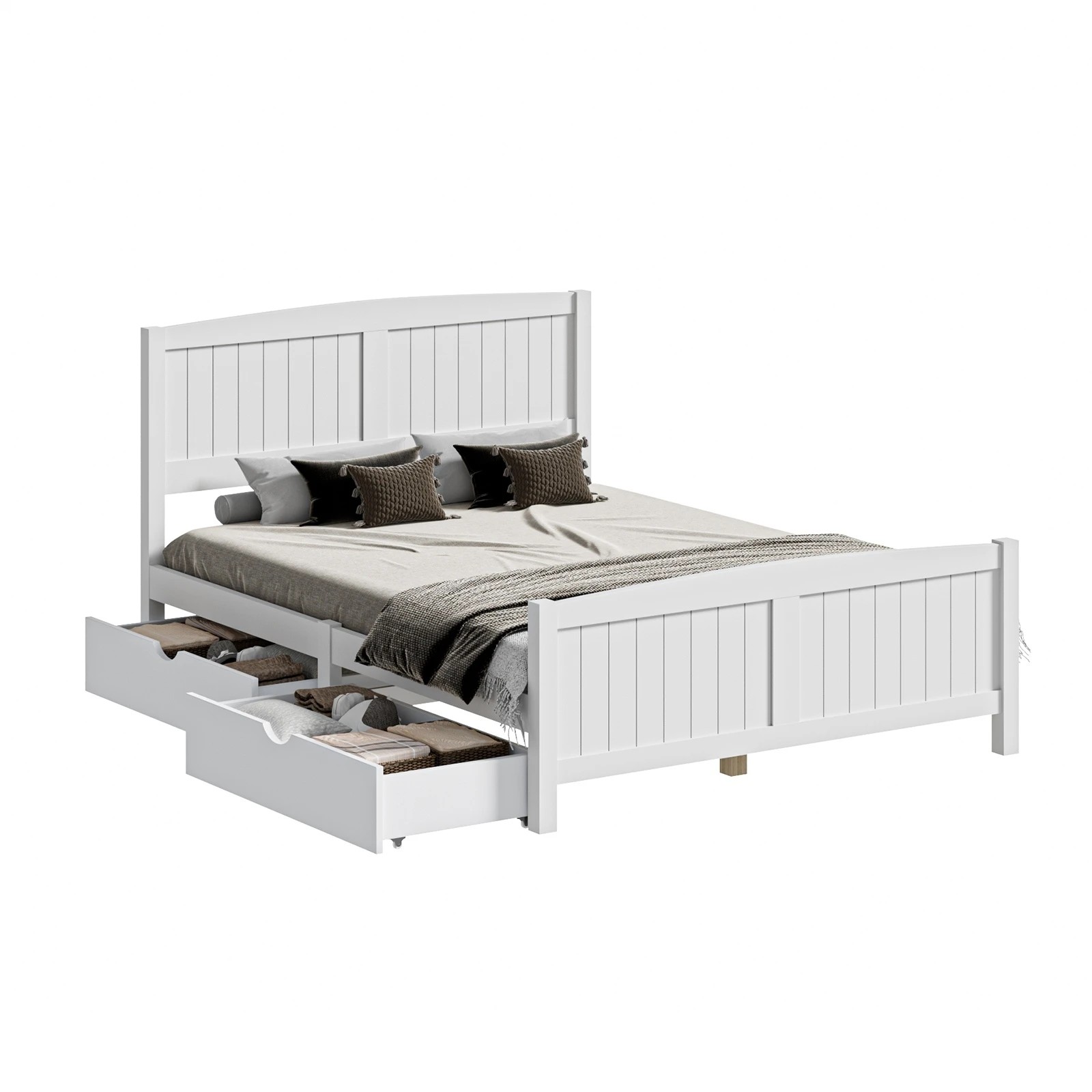 1 Oikiture Wooden Bed Frame Double Size Base With Trundle Storage Drawers
 - White, 1 of 8