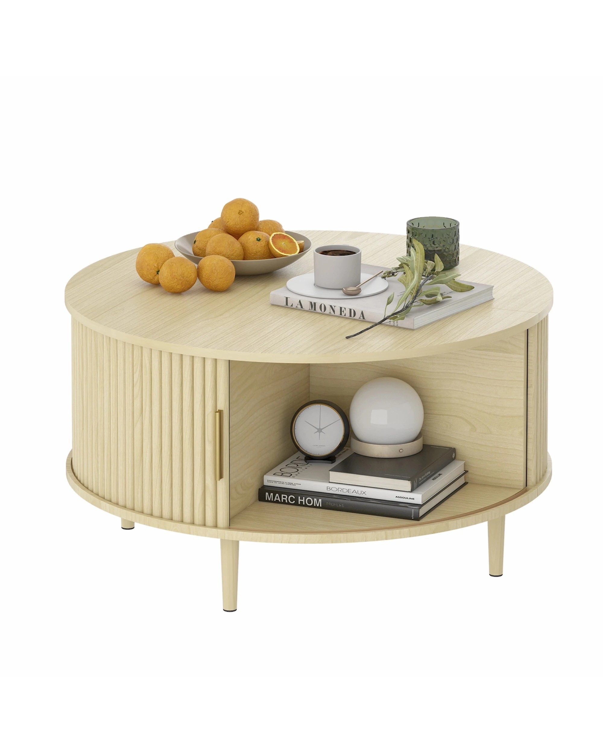 6 Advwin 80cm Round Coffee Table Fluted Center Table w/ Sliding Door Cabinet Side Table w/ Hidden Storage & Shelf, 6 of 8