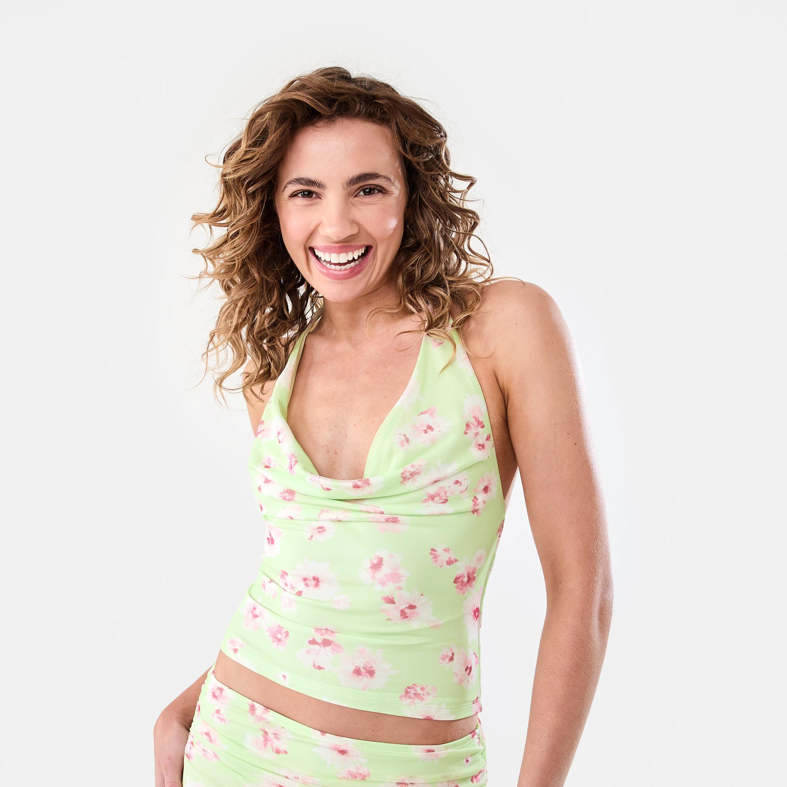 1 Sleeveless Mesh Cowl Neck Halter Top Lime Flwer, 1 of 6
