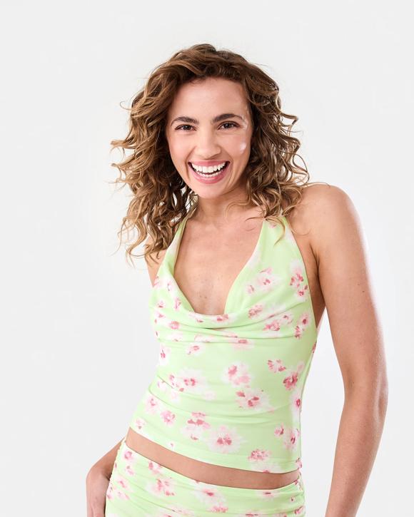 Sleeveless Mesh Cowl Neck Halter Top