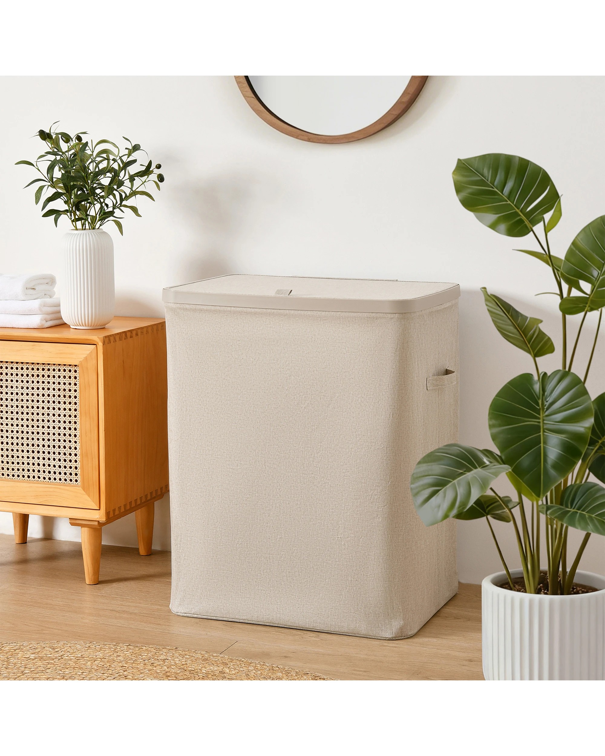 1 Sherwood Voyager 2-Section Laundry Hamper 100L Faux Linen 56x40x67cm - Natural, 1 of 8