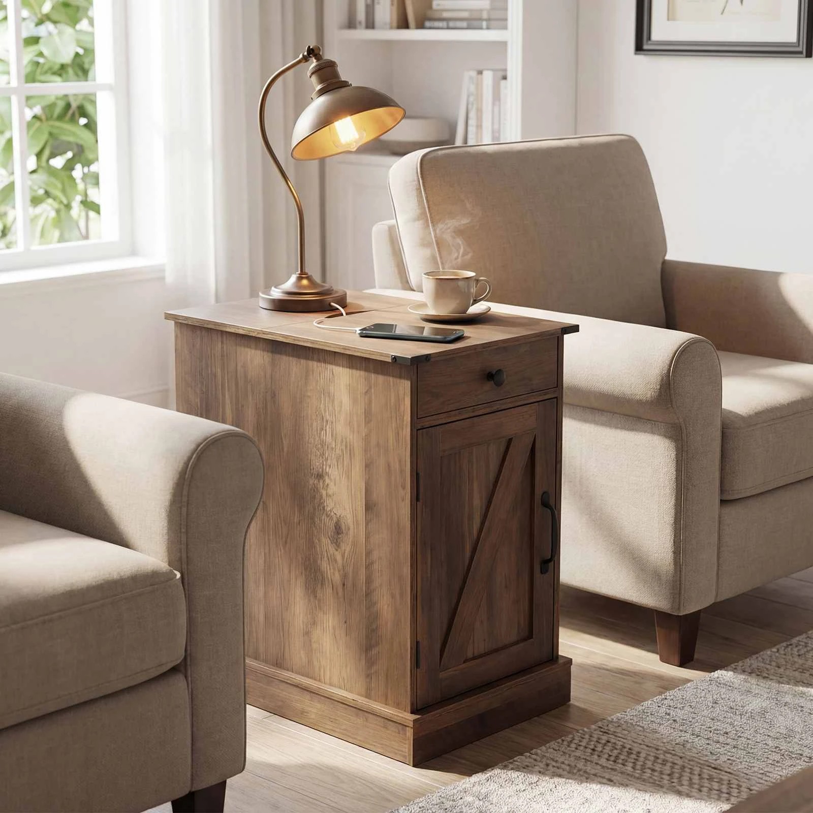 3 Costway Sofa Bedside Table w/Power Outlets & Drawer Storage Cabinet Nightstand, 3 of 4