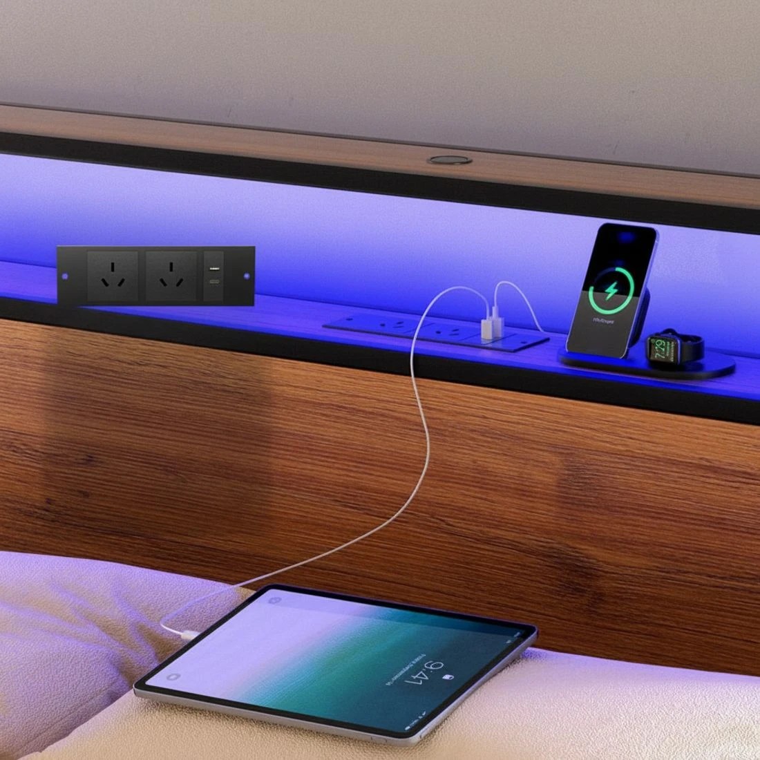 5 Artiss Metal Bed Frame Queen Size LED Storage Headboard USB Charge 4 Drawers - Black, 5 of 7