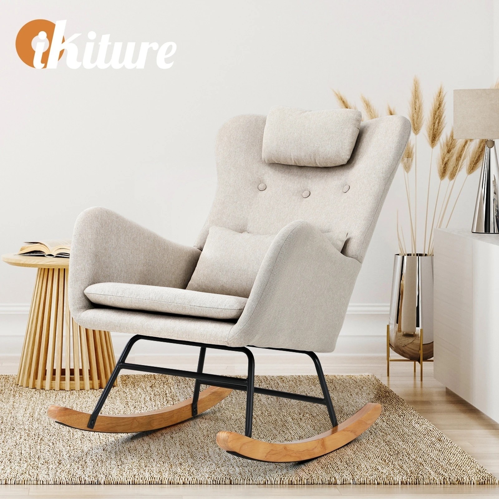 6 Oikiture 2x Rocking Chair Nursing Armchair Linen Chairs With 2 Pillow - Beige, 6 of 10