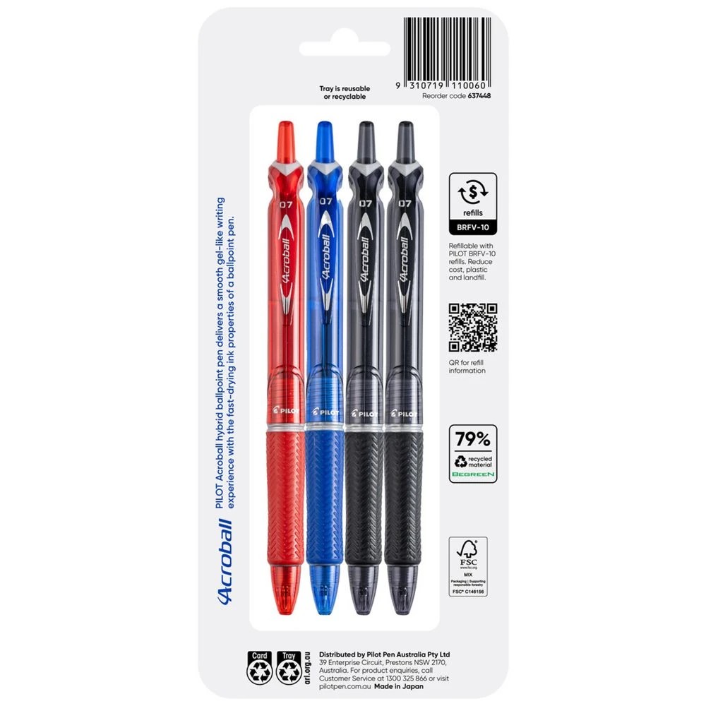8 PILOT Acroball Hybrid Ballpoint Pen Fine 0.7mm Assorted 4Pk, 8 of 8