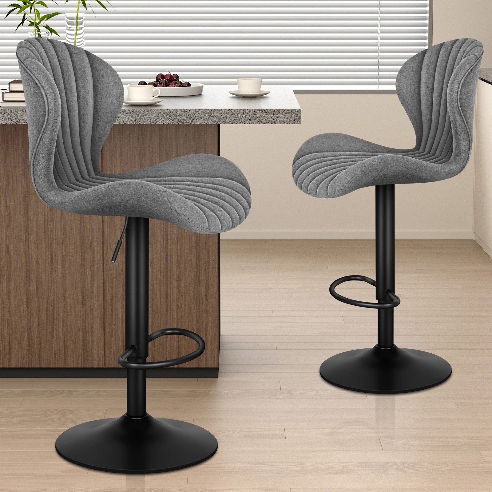 9 Alfordson 2x Bar Stools Gas Lift Fabric Bar Chairs Kitchen Swivel - Grey, 9 of 10