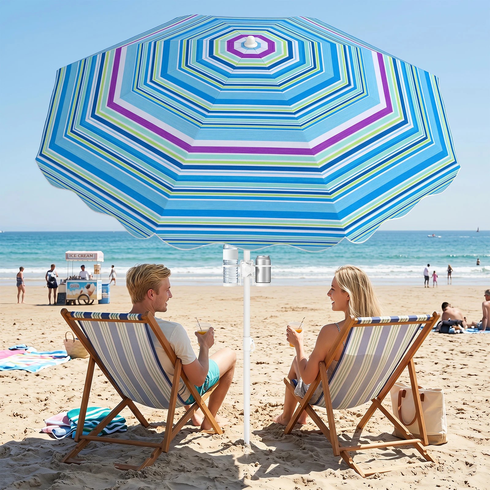 3 Costway 2m Beach Umbrella w/Sand Anchor Tilt Portable Parasol UPF50+ Cup Holder - Blue, 3 of 3