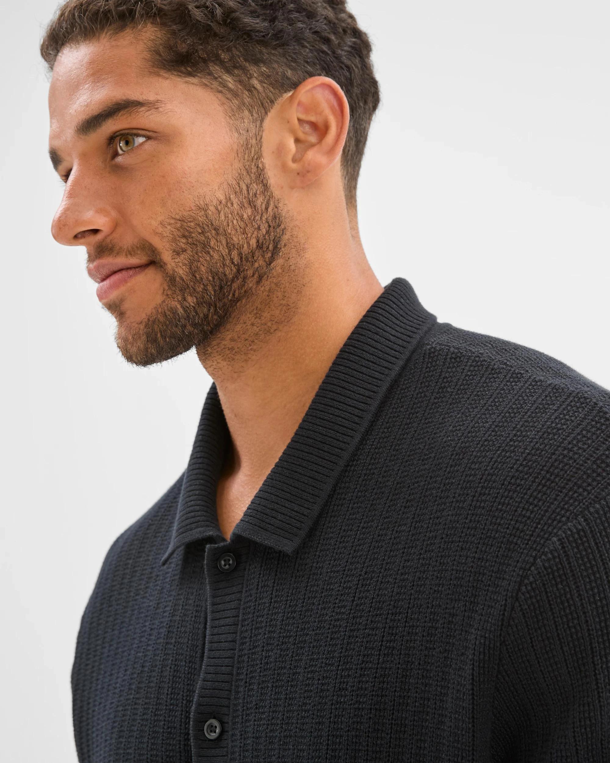 5 Australian Cotton Textured Stripe Knit Shirt - Preview BLACK, 5 of 6