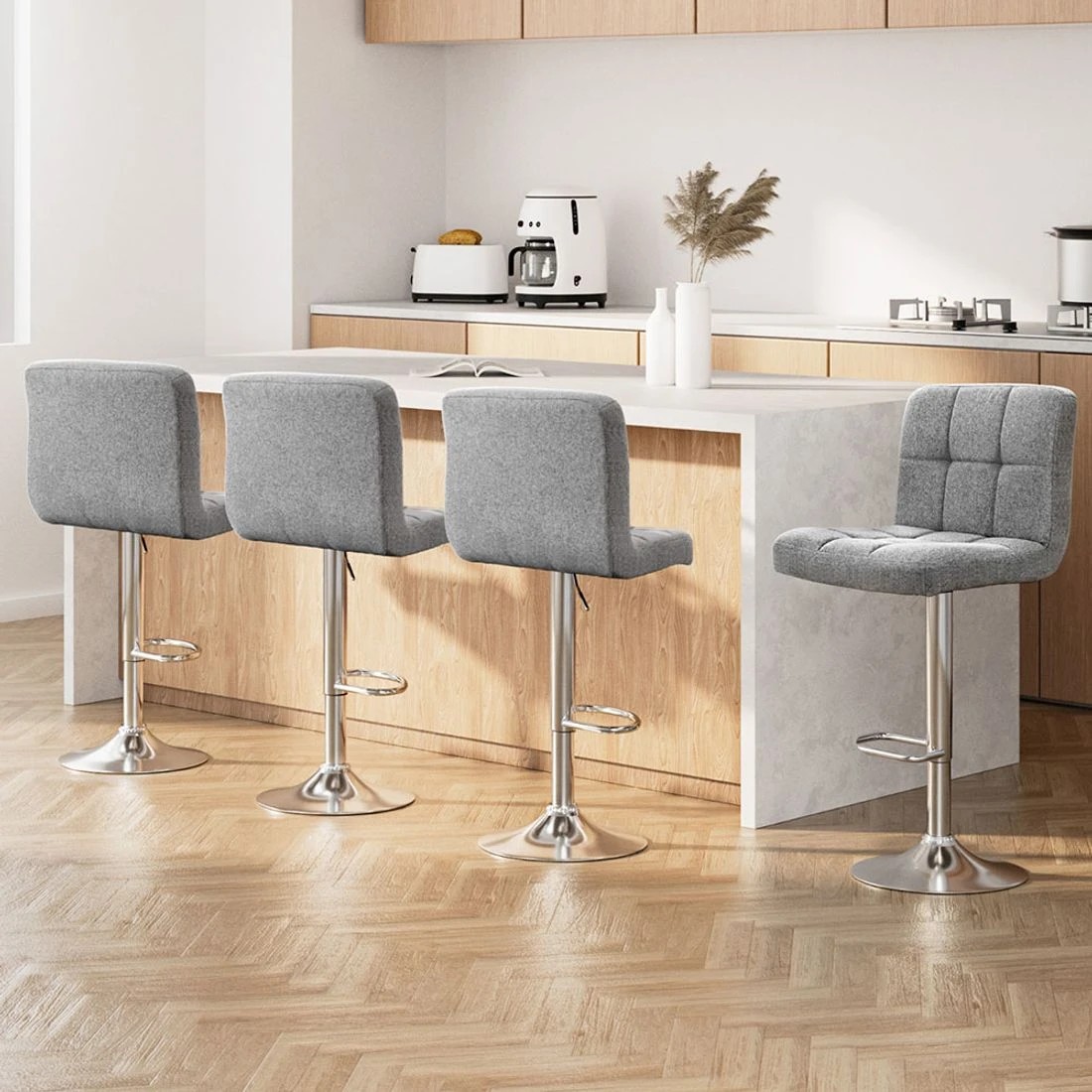 3 Artiss 4x Bar Stools Fabric Gas Lift - Grey, 3 of 7