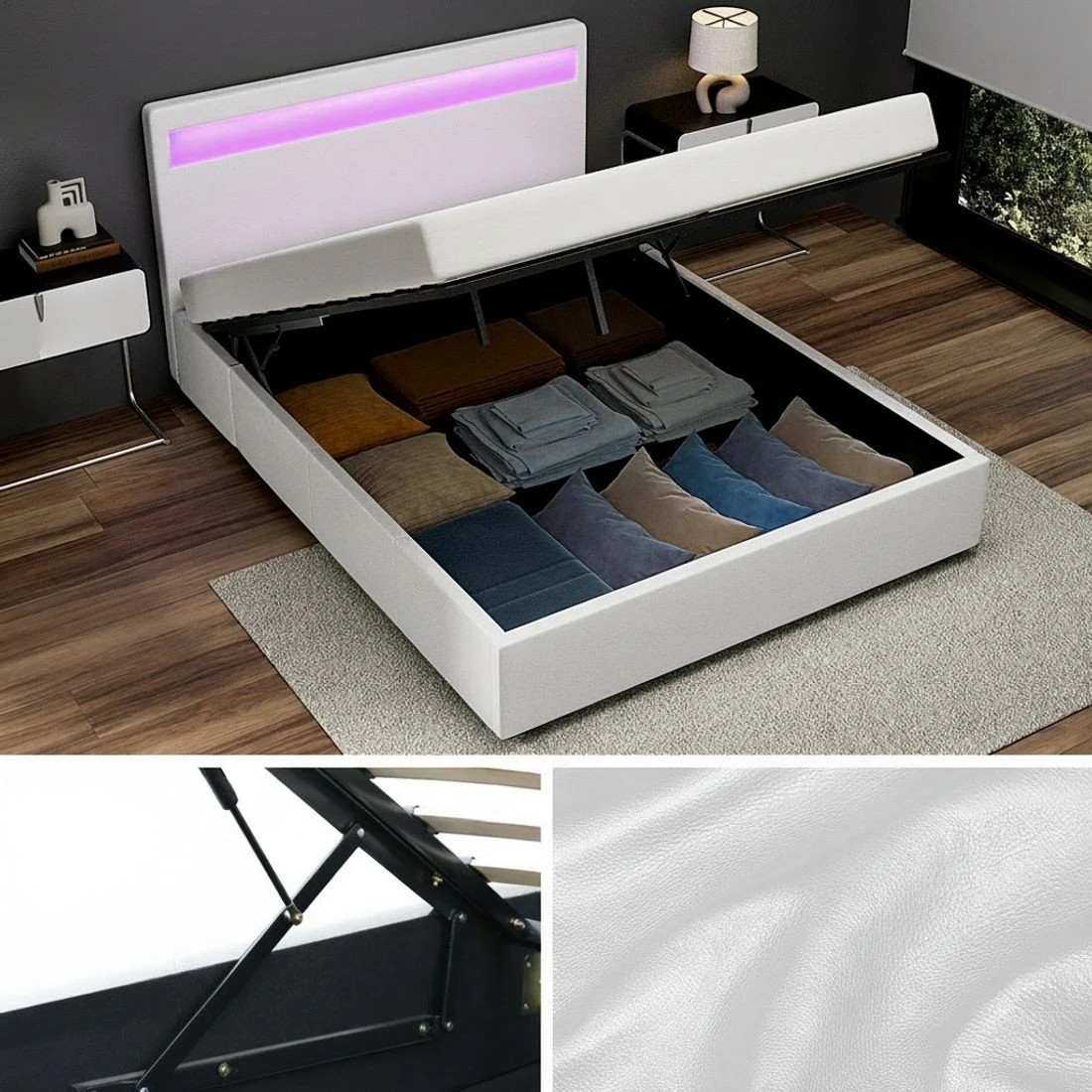 4 Artiss Bed Frame Queen Size LED Gas Lift  COLE - White, 4 of 10