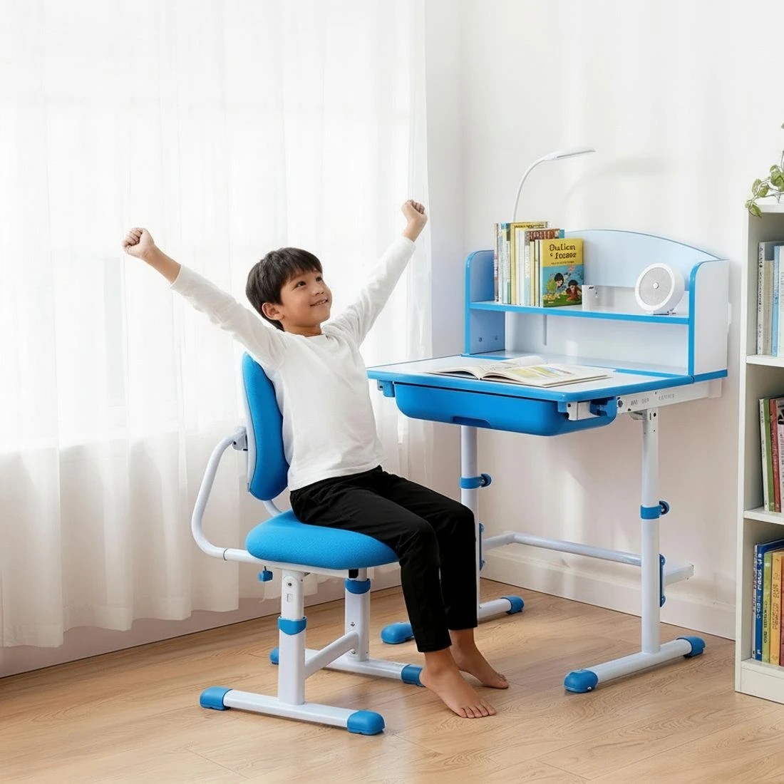 6 Keezi Kids Study Desk Chair Set Adjustable Ergonomic Table LED Lamp - Blue, 6 of 6