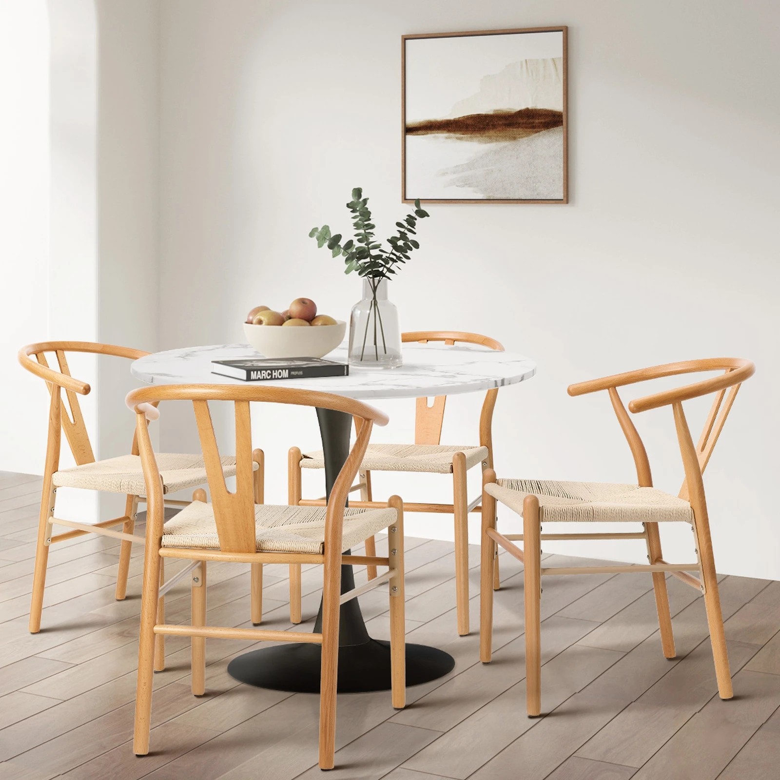 3 Oikiture Set of 4 Wooden Dining Chair Cafe Lounge Seat Wishbone Shaped Chair - Natural, 3 of 8