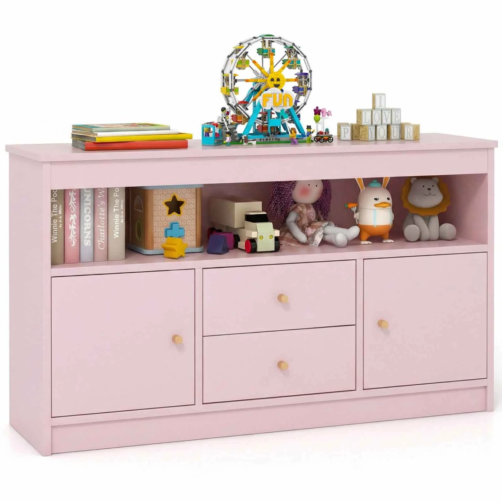 1 Costway Toy Storage Organizer Chest Bookshelf w/Drawers - Pink, 1 of 3