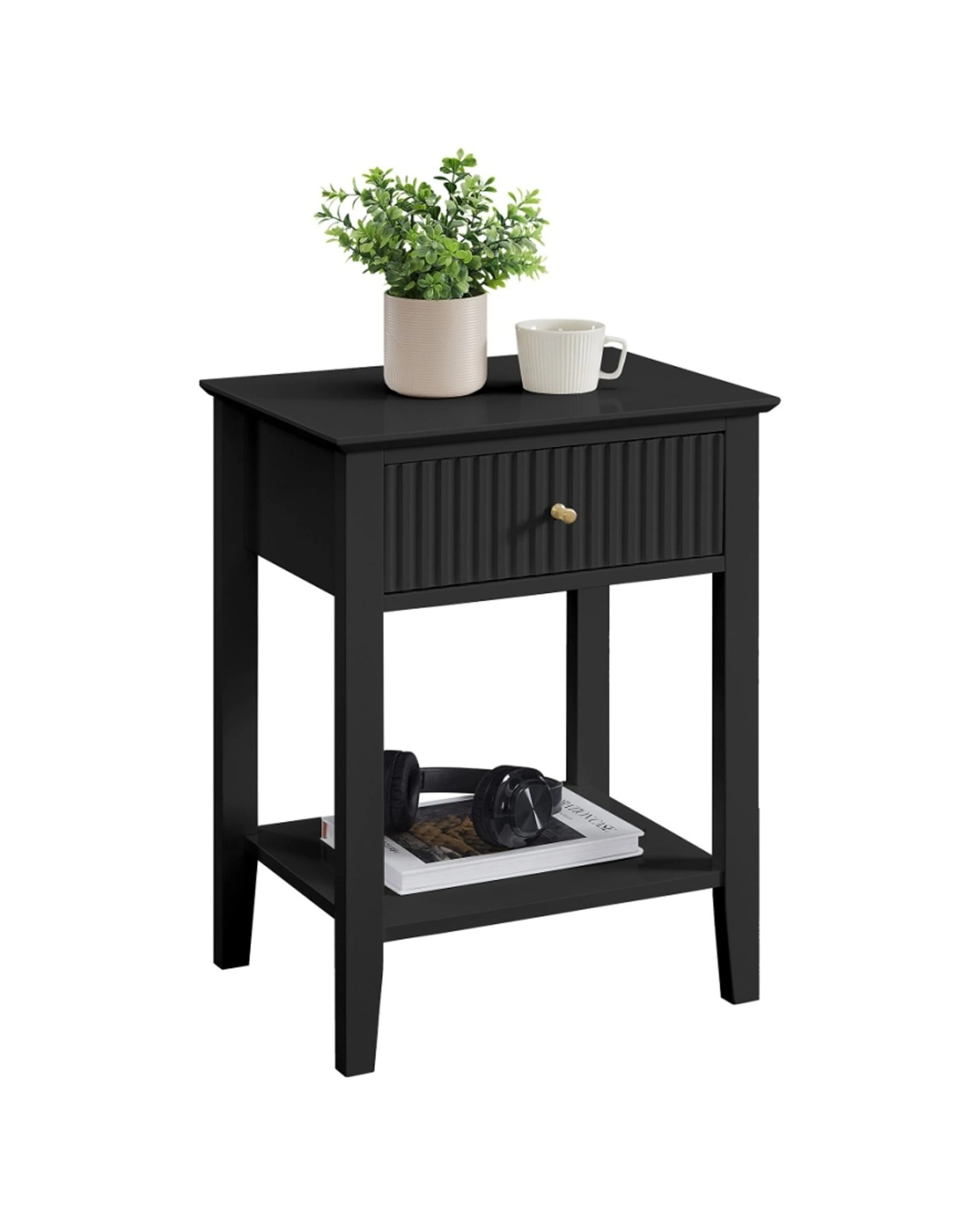 1 Alpine Bay Zara Fluted 1 Drawer Side Table With Shelf Storage Classic Style 48x35x61.5cm - Black, 1 of 5