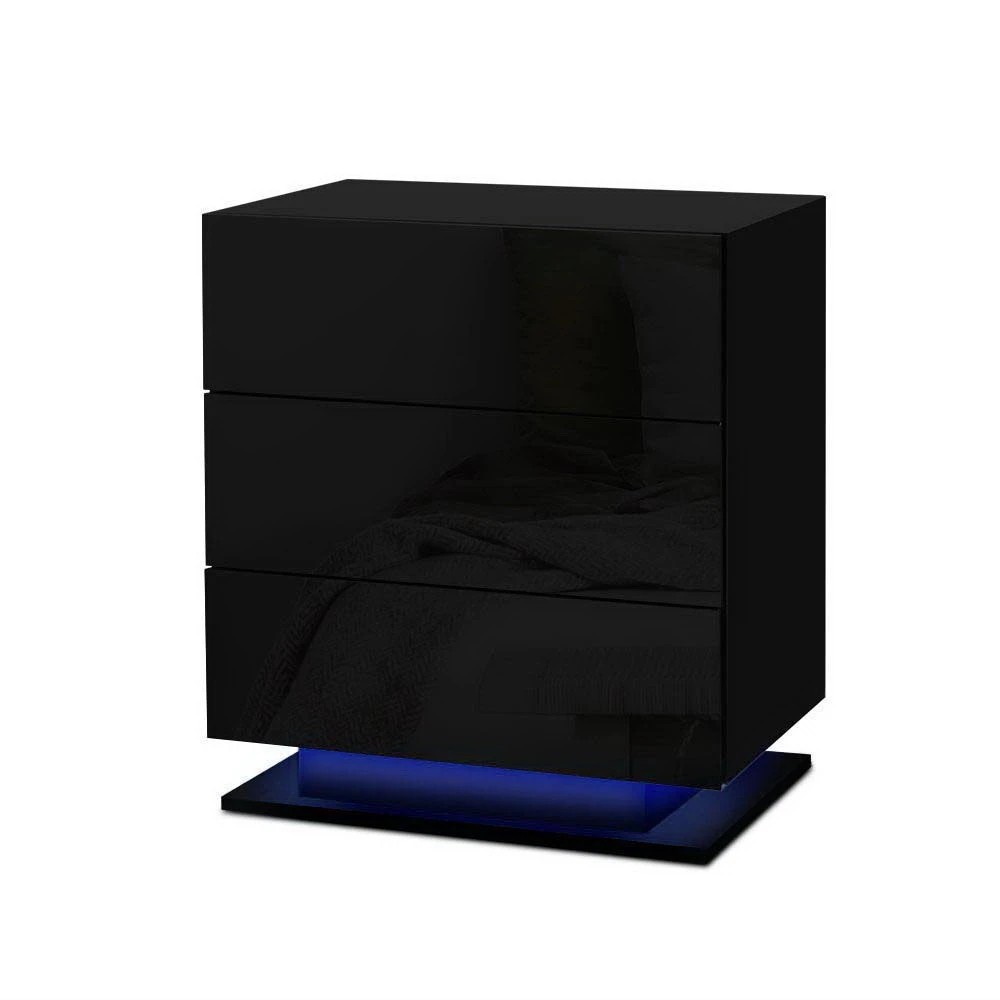 2 Artiss 2x Bedside Table LED 3 Drawers - Black, 2 of 8