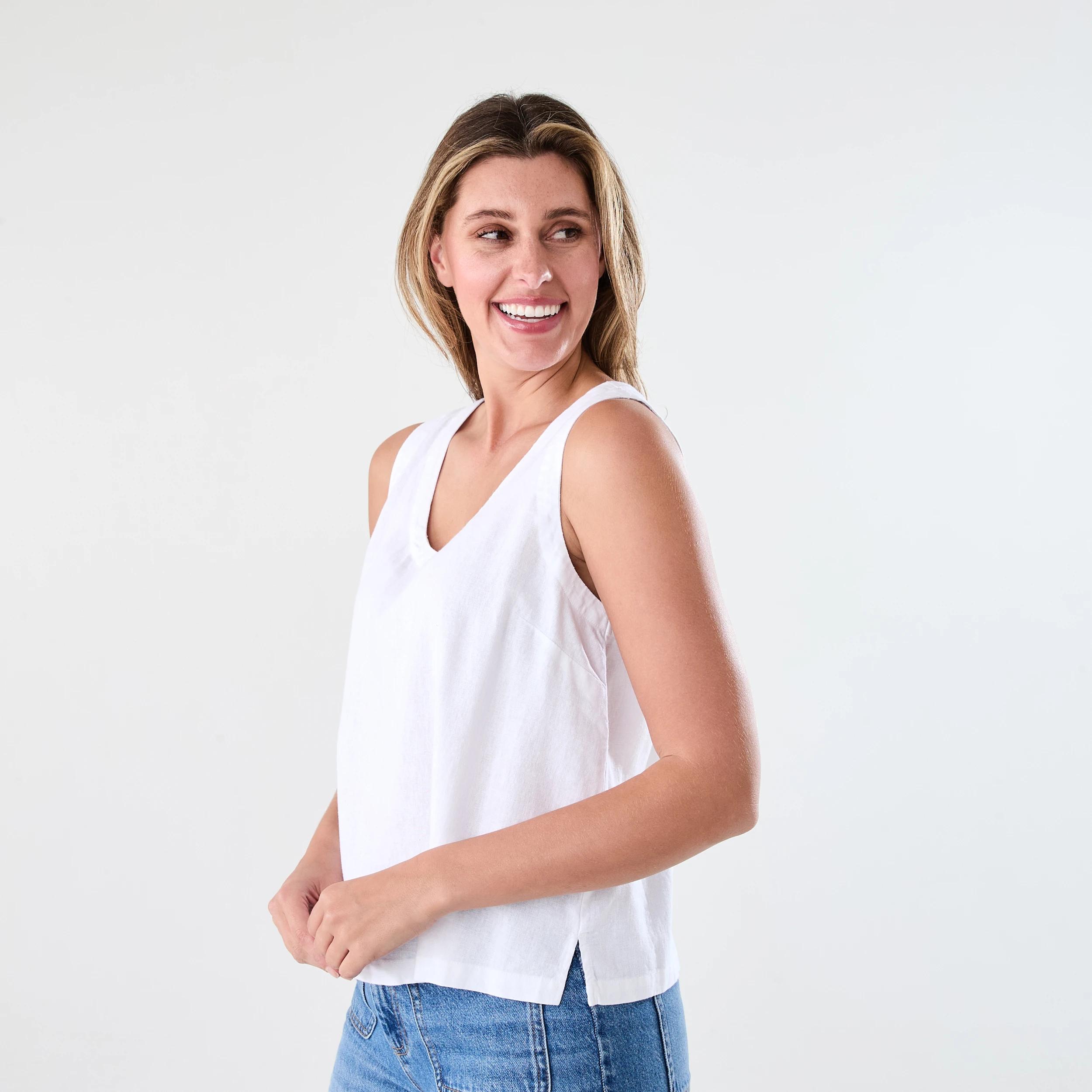 2 Sleeveless Linen Blend Scoop Neck Tank White, 2 of 6