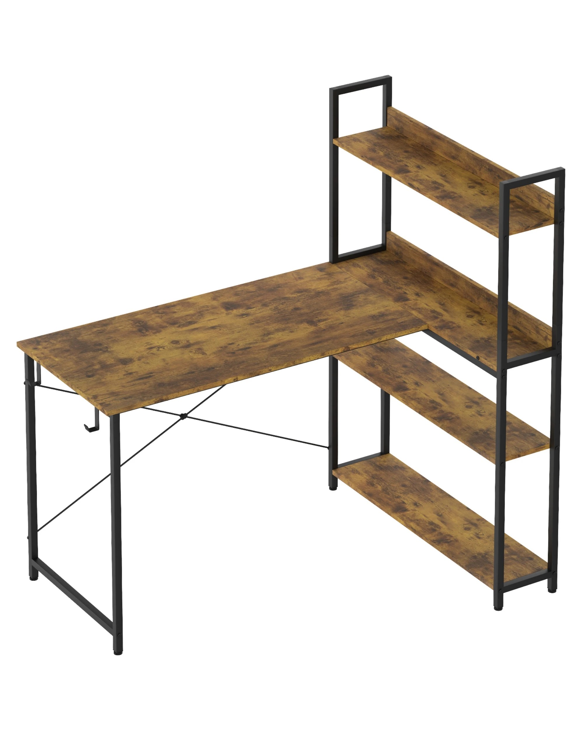 1 Ufurniture Computer Desk with Bookshelf, 110cm L Shaped Corner Desk with Storage - Brown, 1 of 9