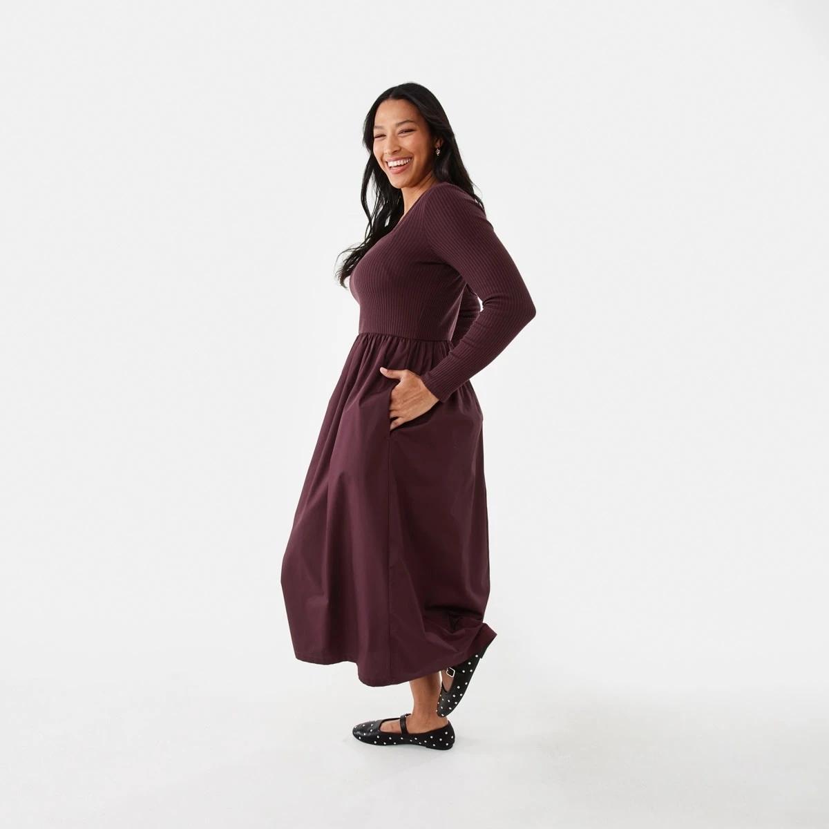 2 Long Sleeve Knit Woven Midi Dress Mulberry, 2 of 8