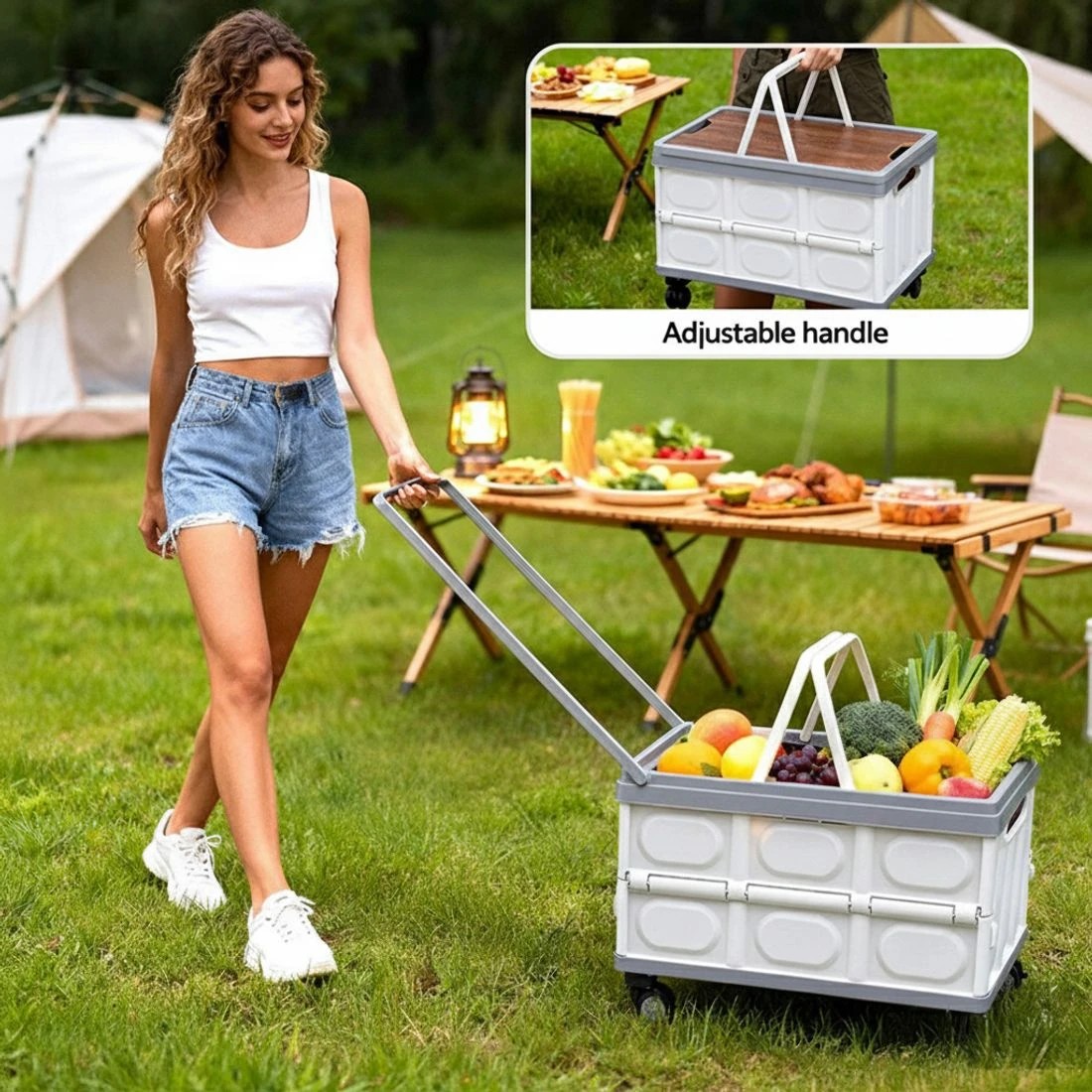 6 Gardeon Collapsible Outdoor Storage Box 54L Stackable Folding Camping Organizer Wheels Plywood Lid - Multi, 6 of 7