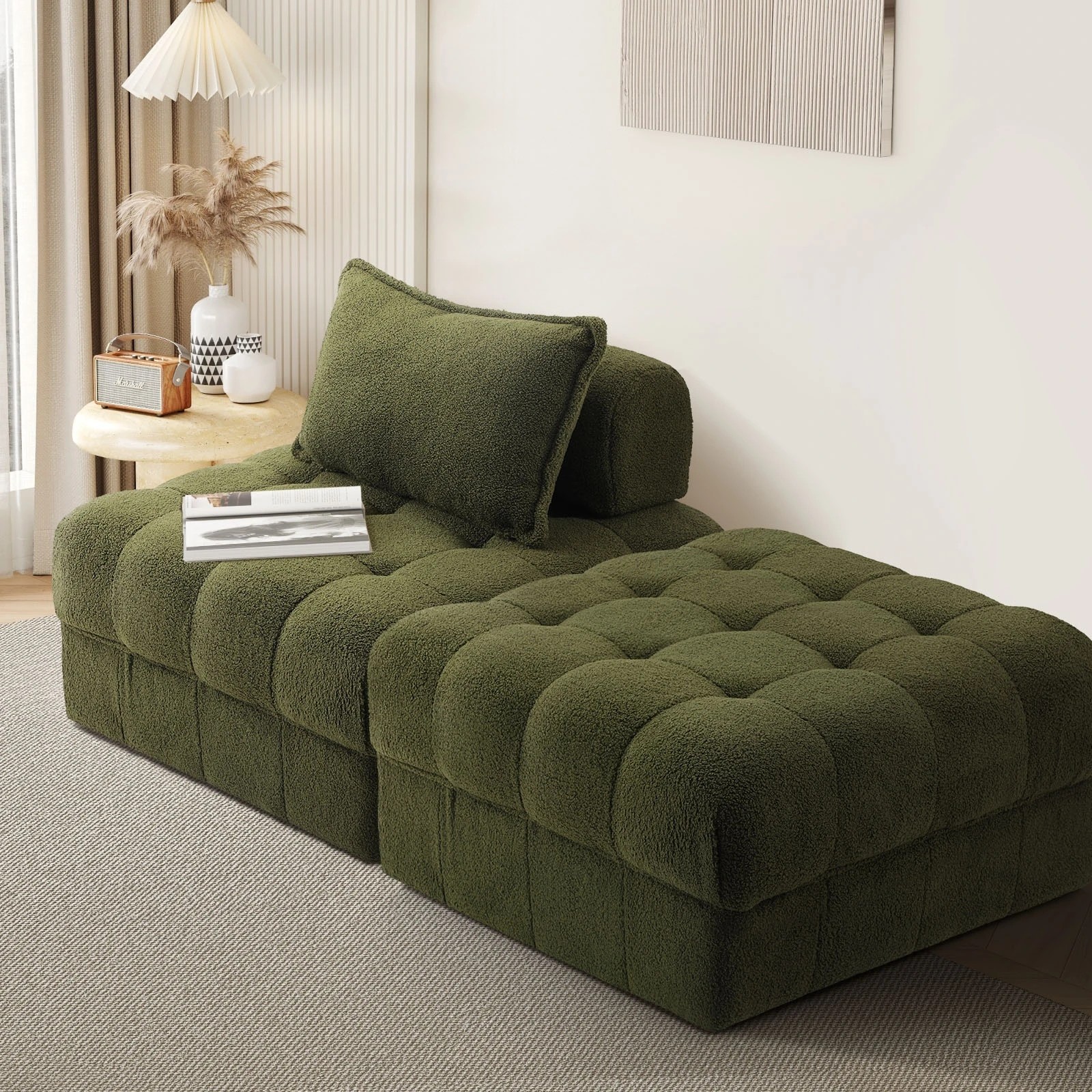 9 Oikiture 2 Seater Boucle Modular Sofa & Ottoman Set Armless Tofu Back
 - Green - Green, 9 of 10