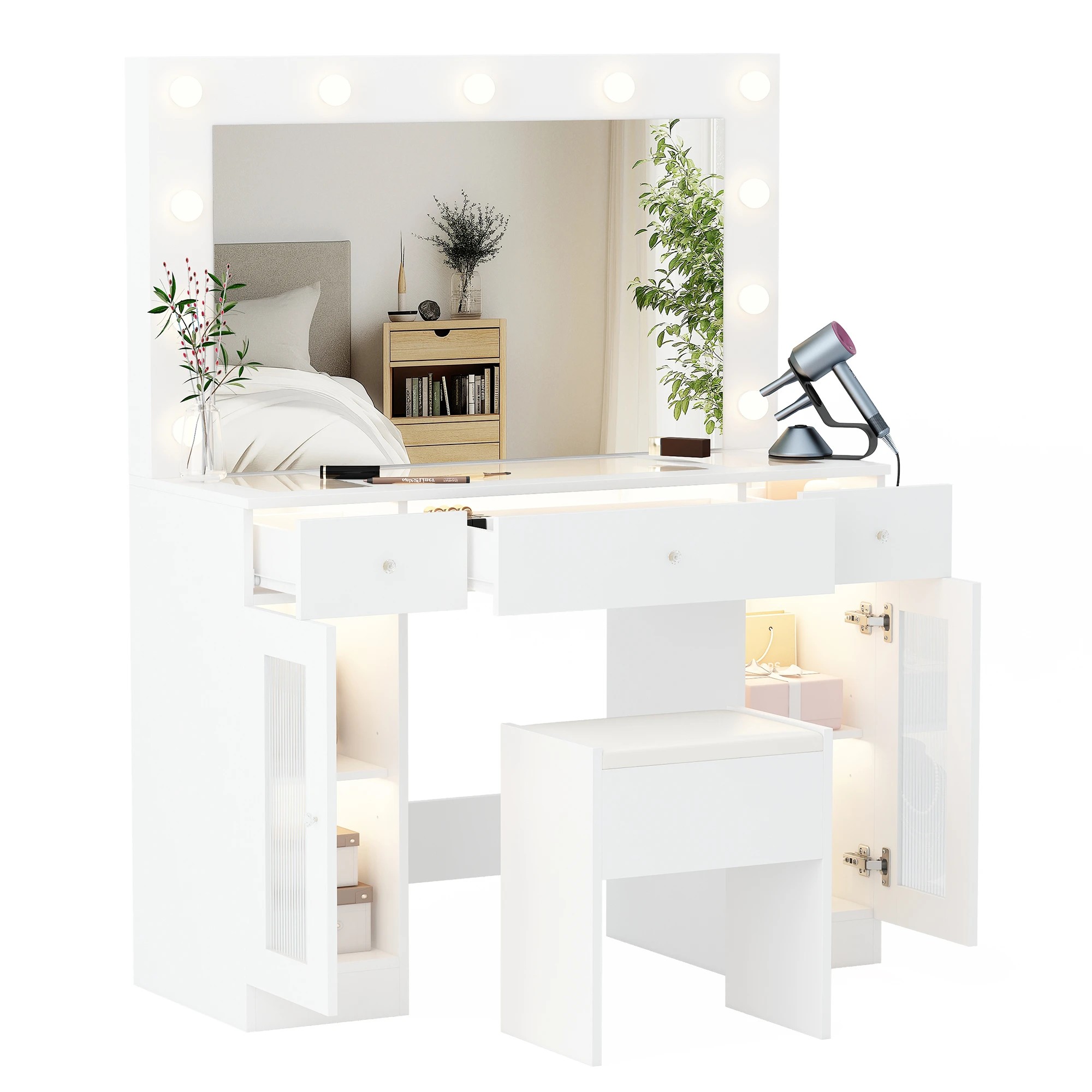 2 Advwin Dressing Table Set with Mirror Glass Top Power Outlet, 2 of 10