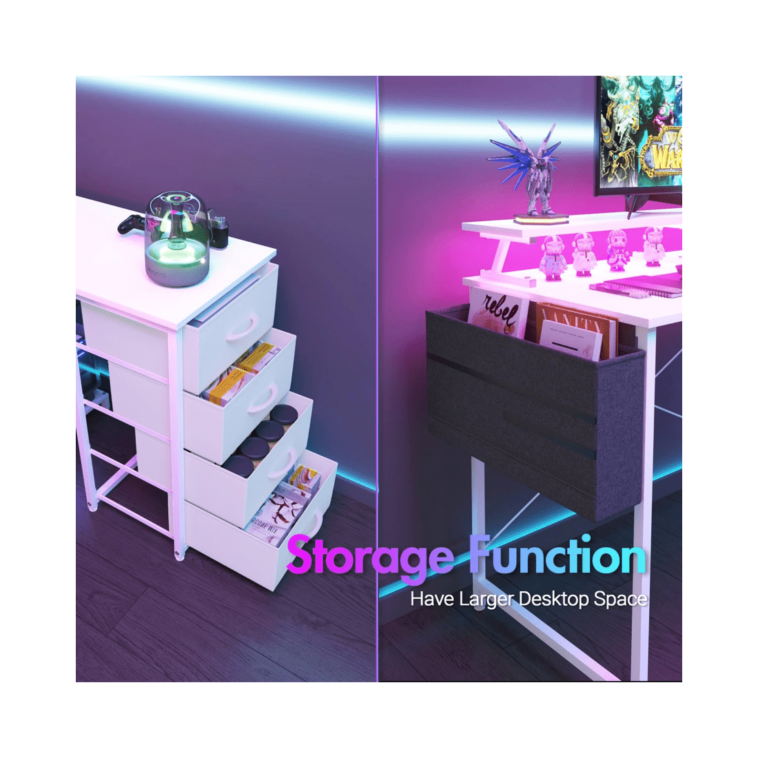 7 Advwin L Shaped Gaming Desk With Led Lights & Power Outlets 160cm Convertible Computer Desk With Monitor Stand White, 7 of 10