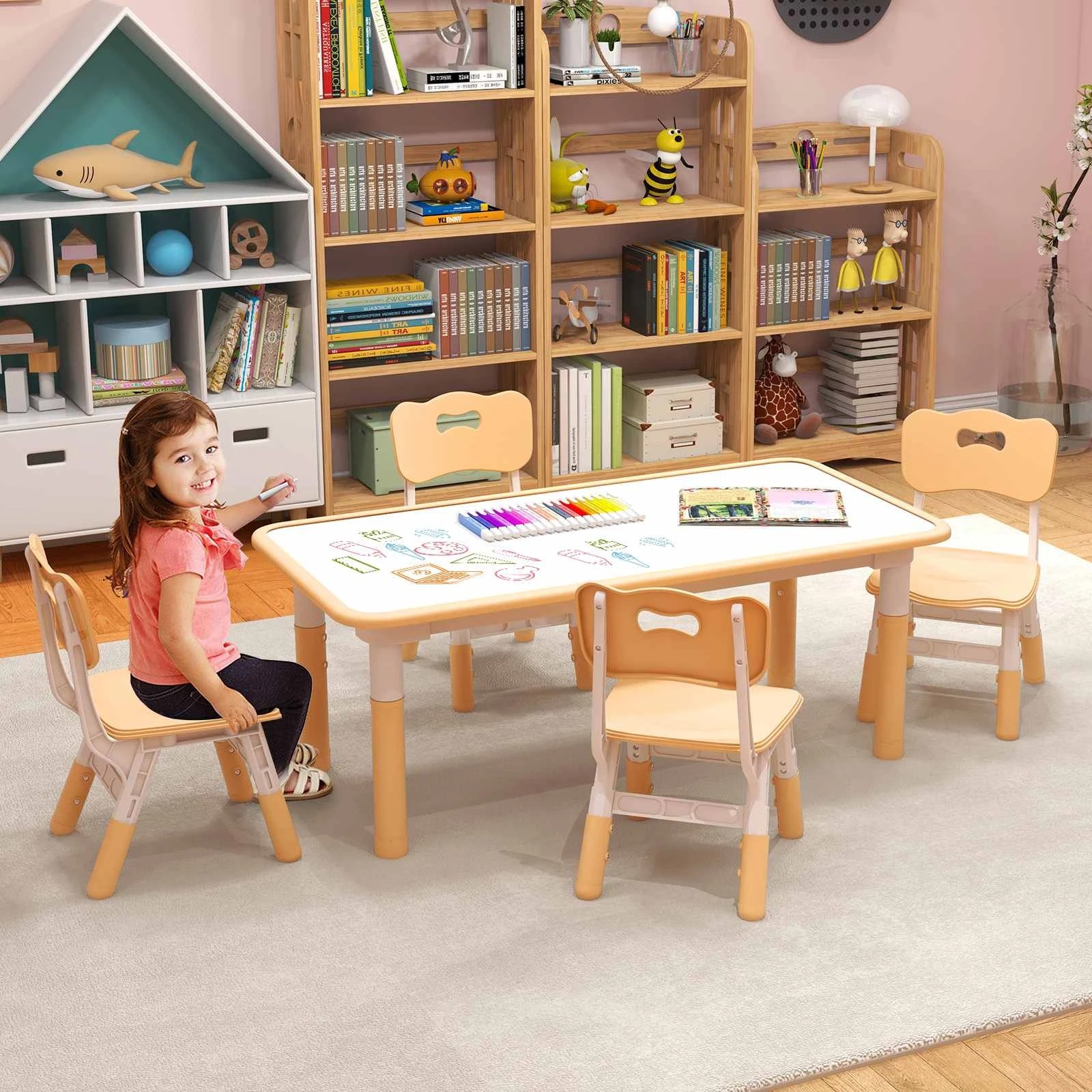 3 Costway Kids Table & 4 Chairs Height Adjustable Graffiti Desk, 3 of 6