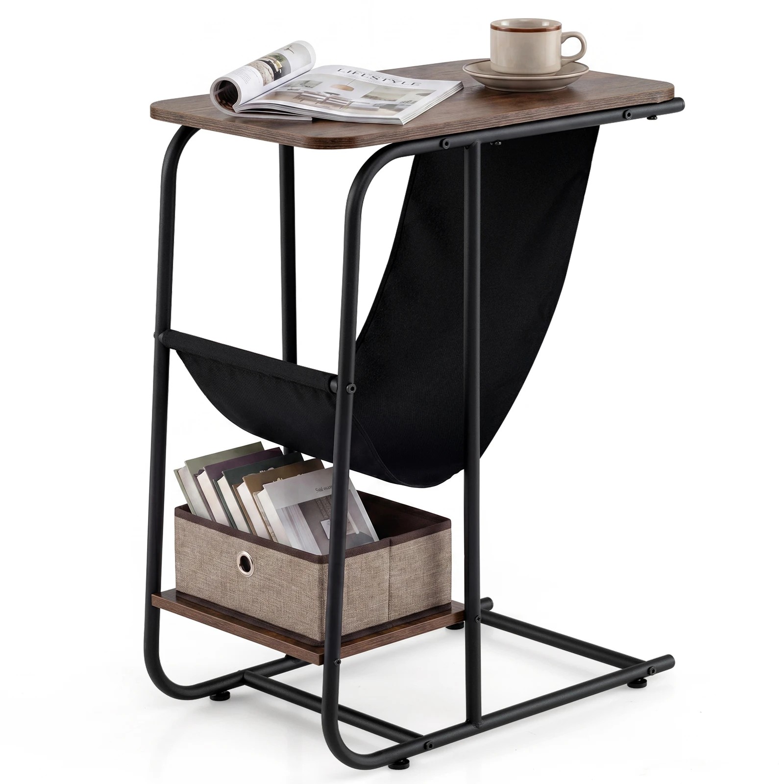6 Costway C-Shaped End Table w/Canvas Book Holder Compact Side Table, 6 of 6