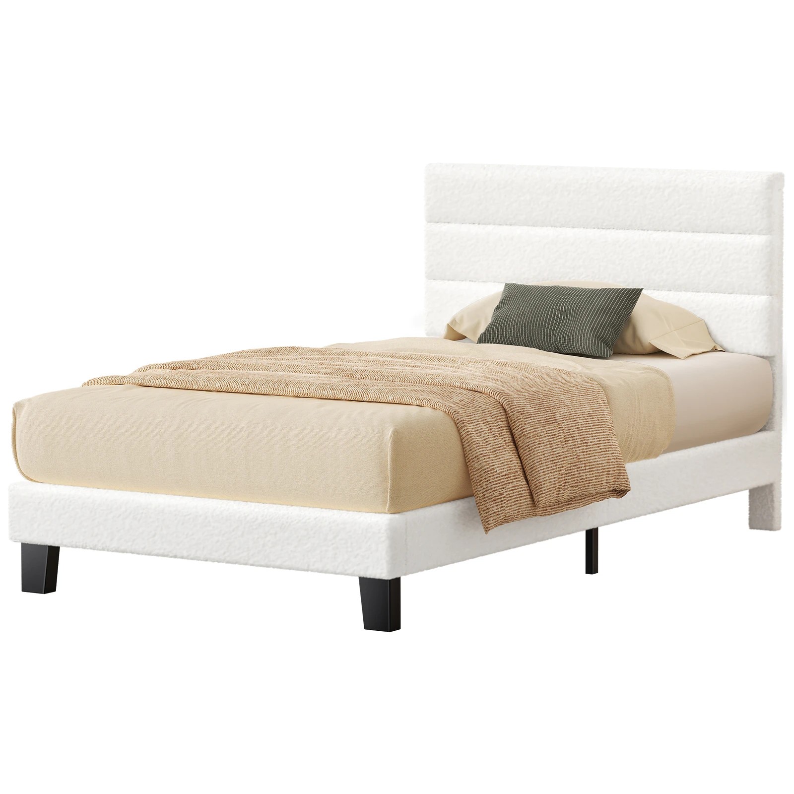 1 Alfordson Bed Frame Single Size Upholstered Platform Boucle Harlene - White, 1 of 10