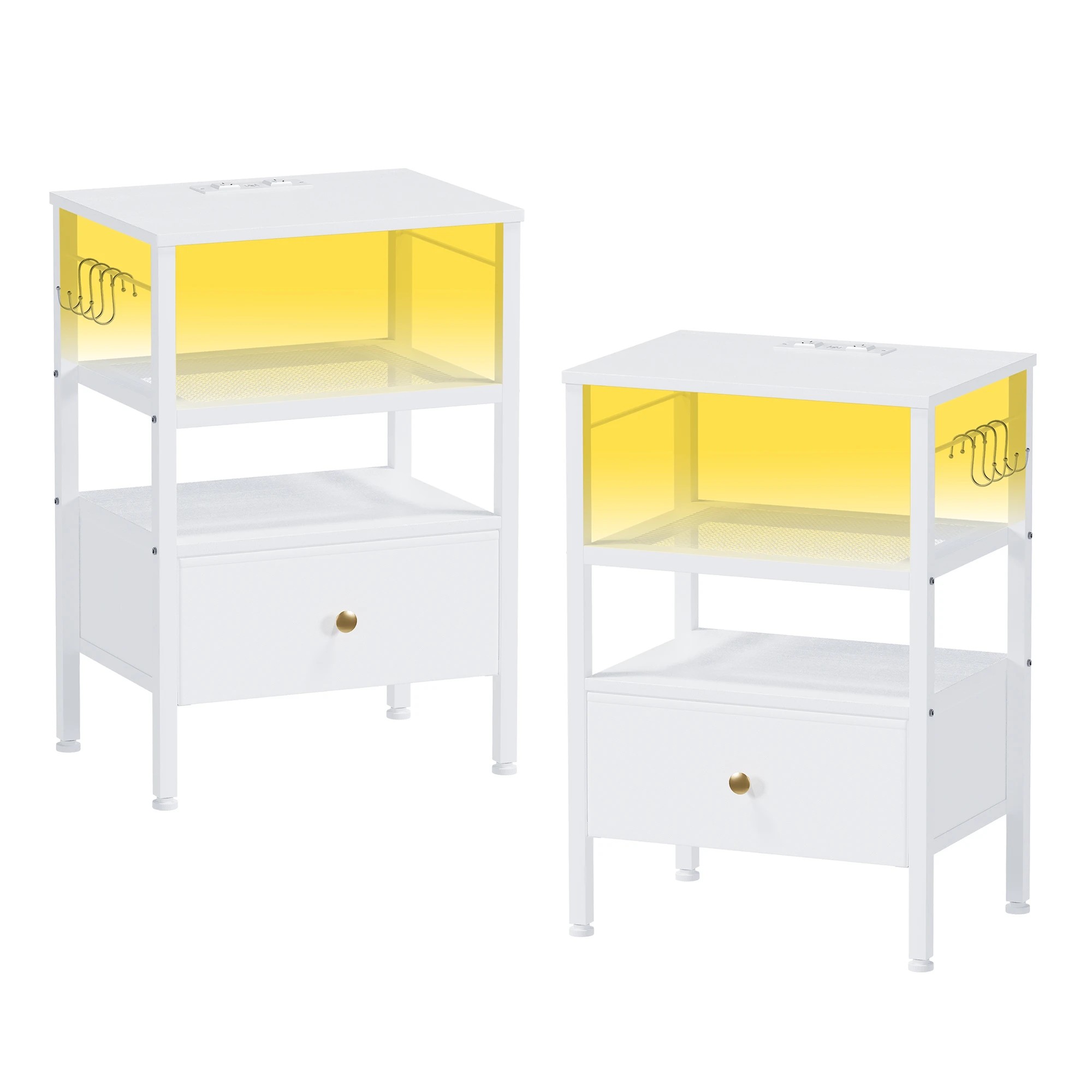1 Advwin Set of 2 Bedside Table with Charging Station LED Lights Drawer - White, 1 of 7