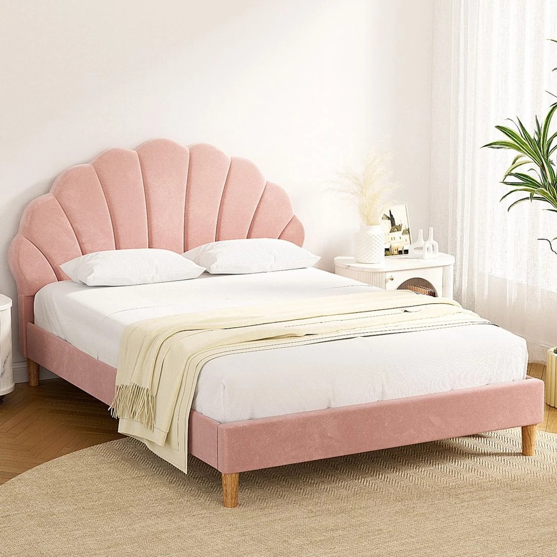 3 Artiss Bed Frame Double Size Scallop-Shape Bedhead Base Upholstered Bedroom Furniture - Pink, 3 of 7