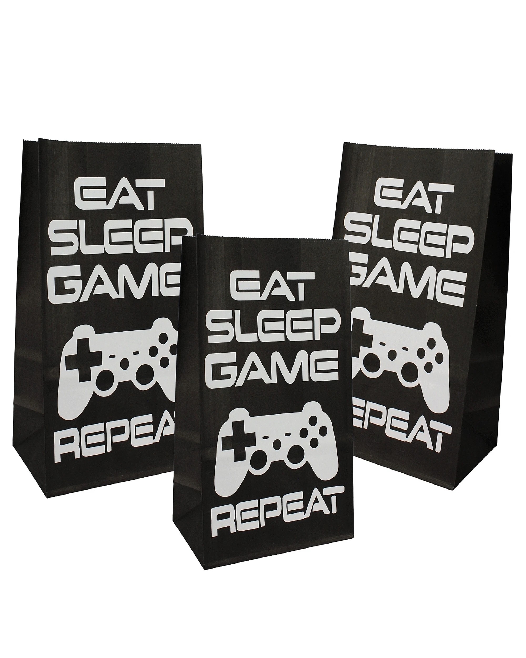 1 Party Maker Eat Sleep Game Repeat Paper Party Bags With Stickers Pack of 12 - Black, 1 of 5
