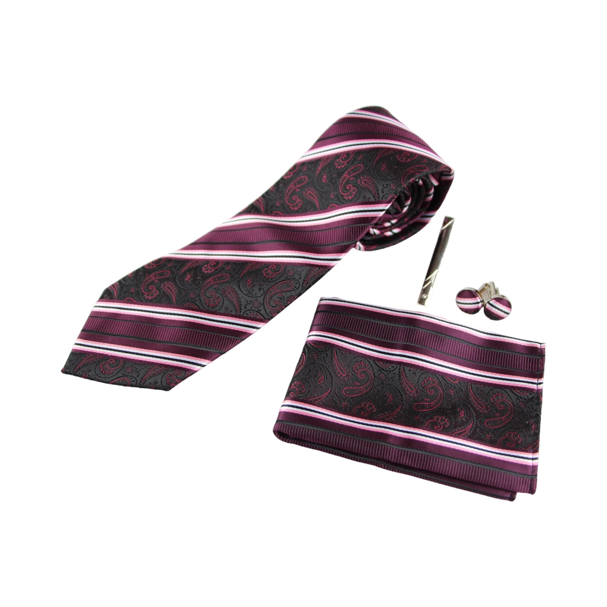 2 Zasel Mens Burgundy Boho Paisley Striped Matching Neck Tie, Pocket Square, Cuff Links And Tie Clip Set - Multi, 2 of 3