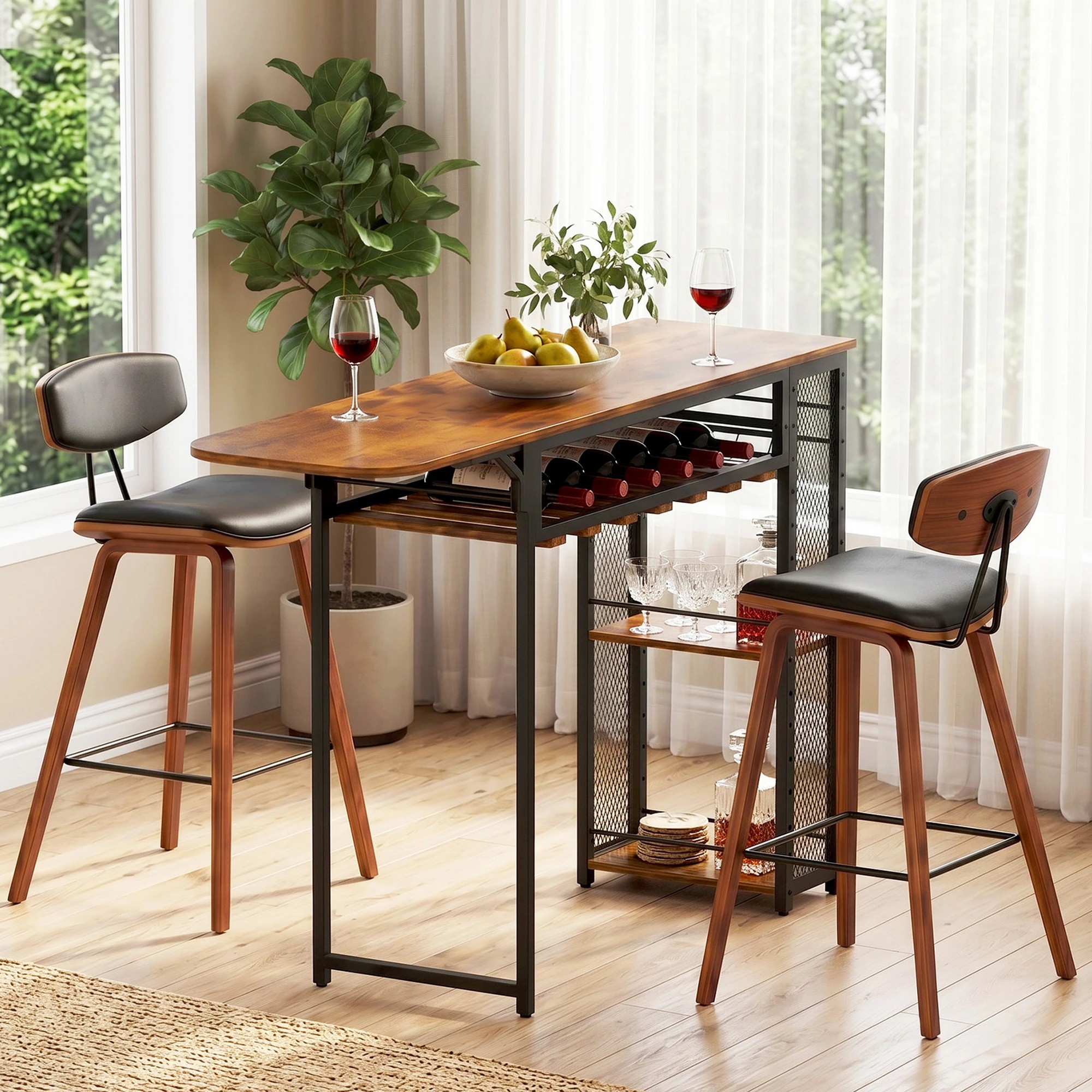 2 Artiss 3PCS Bar Table and Stools Set Dining Table Solid Wood Kitchen Chairs Cafe Pub - Multi, 2 of 9