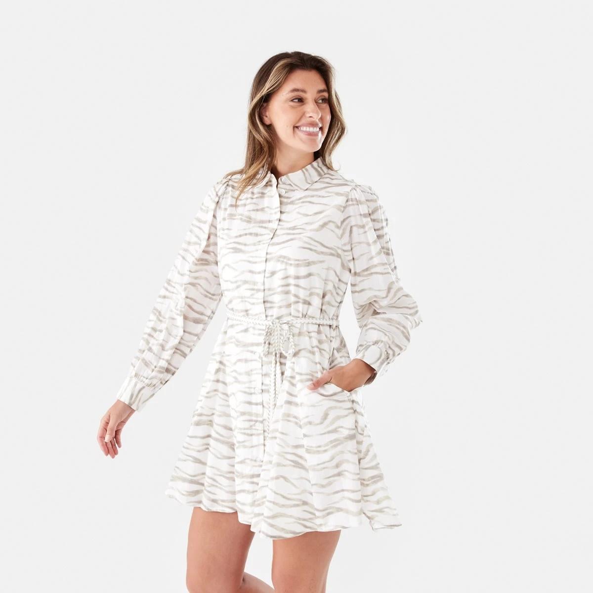 2 Long Balloon Sleeve Tie Waist Mini Dress SOFT ZEBRA CLOUD DANCER, 2 of 8