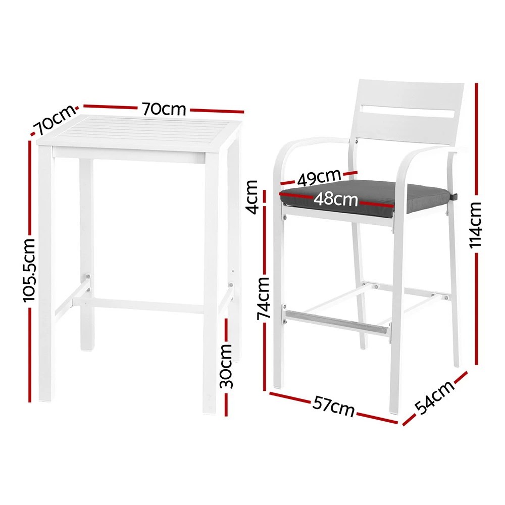 2 Gardeon Outdoor Bar Set Stools 3-Piece Dining Chairs Table Patio Aluminium Bistro Set - White, 2 of 4