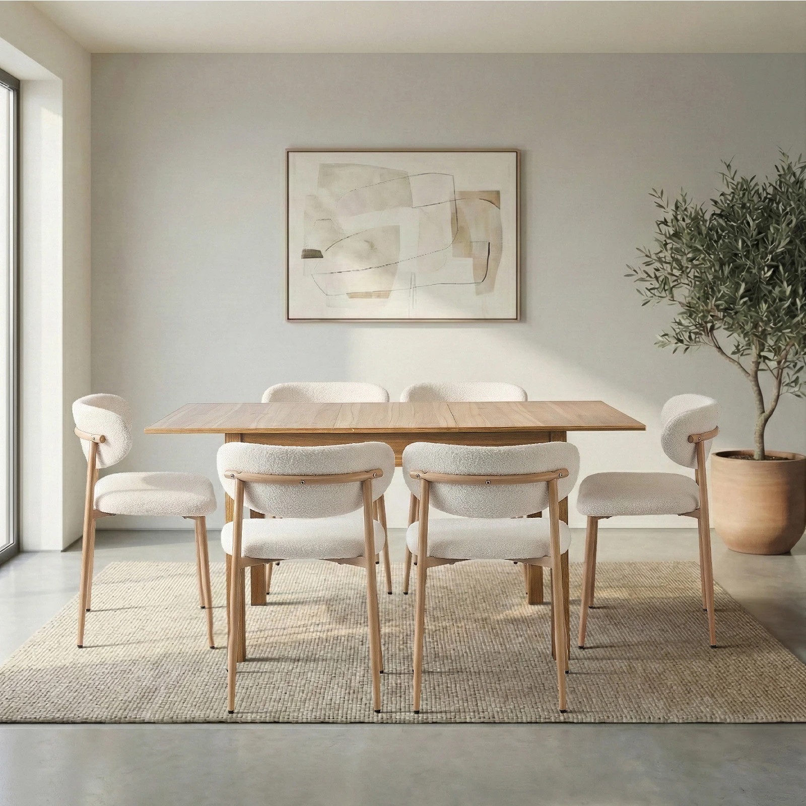 8 Oikiture 7pc Extenable Dining Table and Chairs Wooden Dining Set Boucle - Natural, 8 of 10