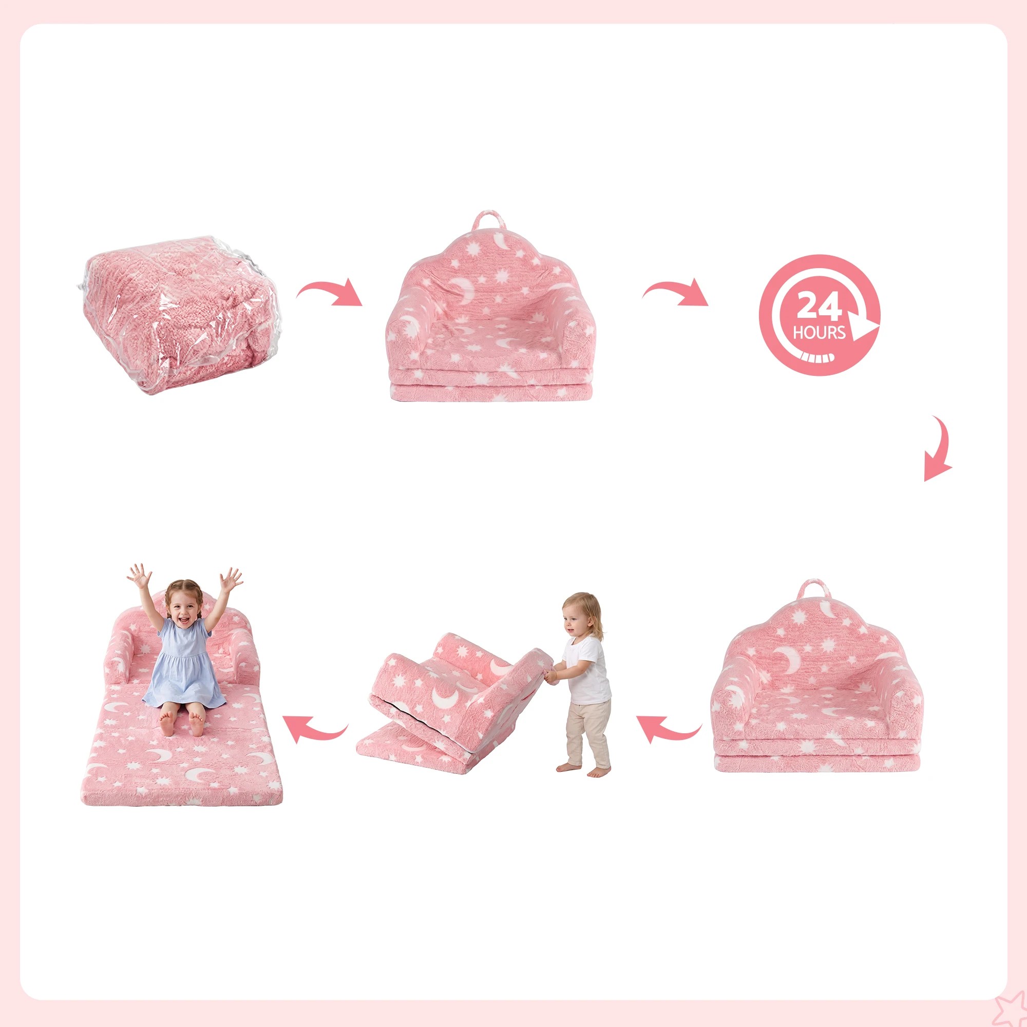 9 Keezi Kids 2-in-1 Sofa Bed Toddler Fold Out Couch Removable Washable Cover - Pink, 9 of 9