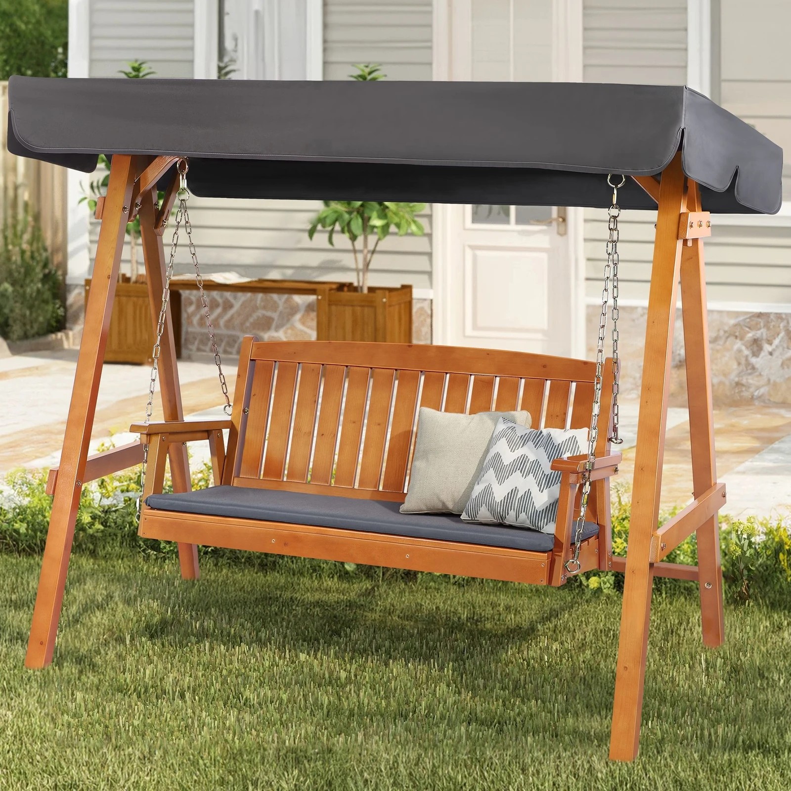 4 Alfordson Swing Chair Outdoor Furniture Wooden Garden Patio Bench Canopy Teak XL - Orange, 4 of 10