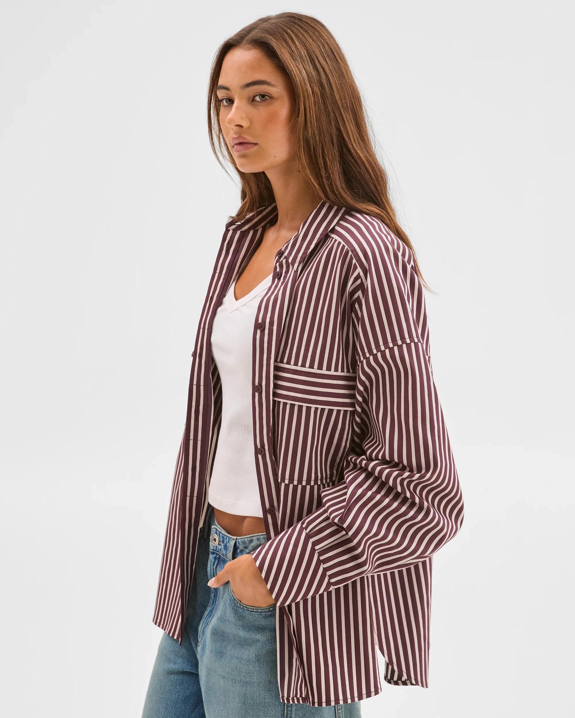 4 Lily Loves Australian Cotton Blend Oversized Shirt FUDGE STRIPE, 4 of 7